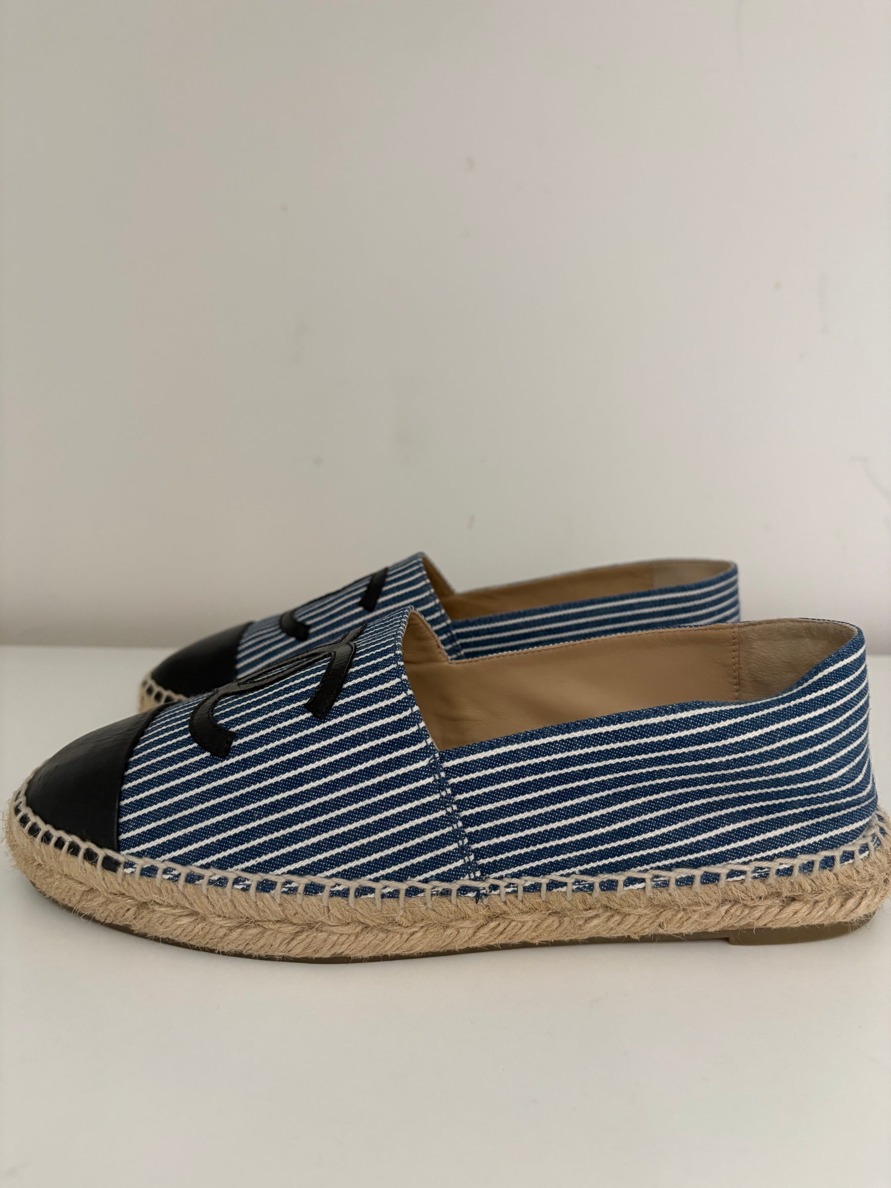 Chanel Blue and White Canvas Striped Logo Espadrilles, 39