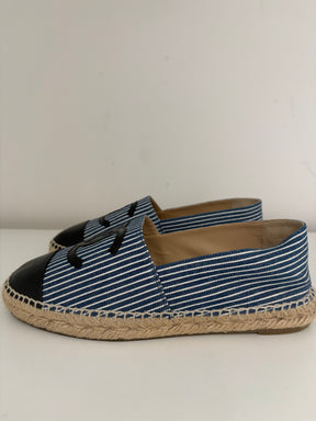 Chanel Blue and White Canvas Striped Logo Espadrilles, 39
