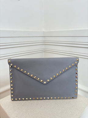 Valentino Garavani Grey Leather Rockstud Envelope Pouch