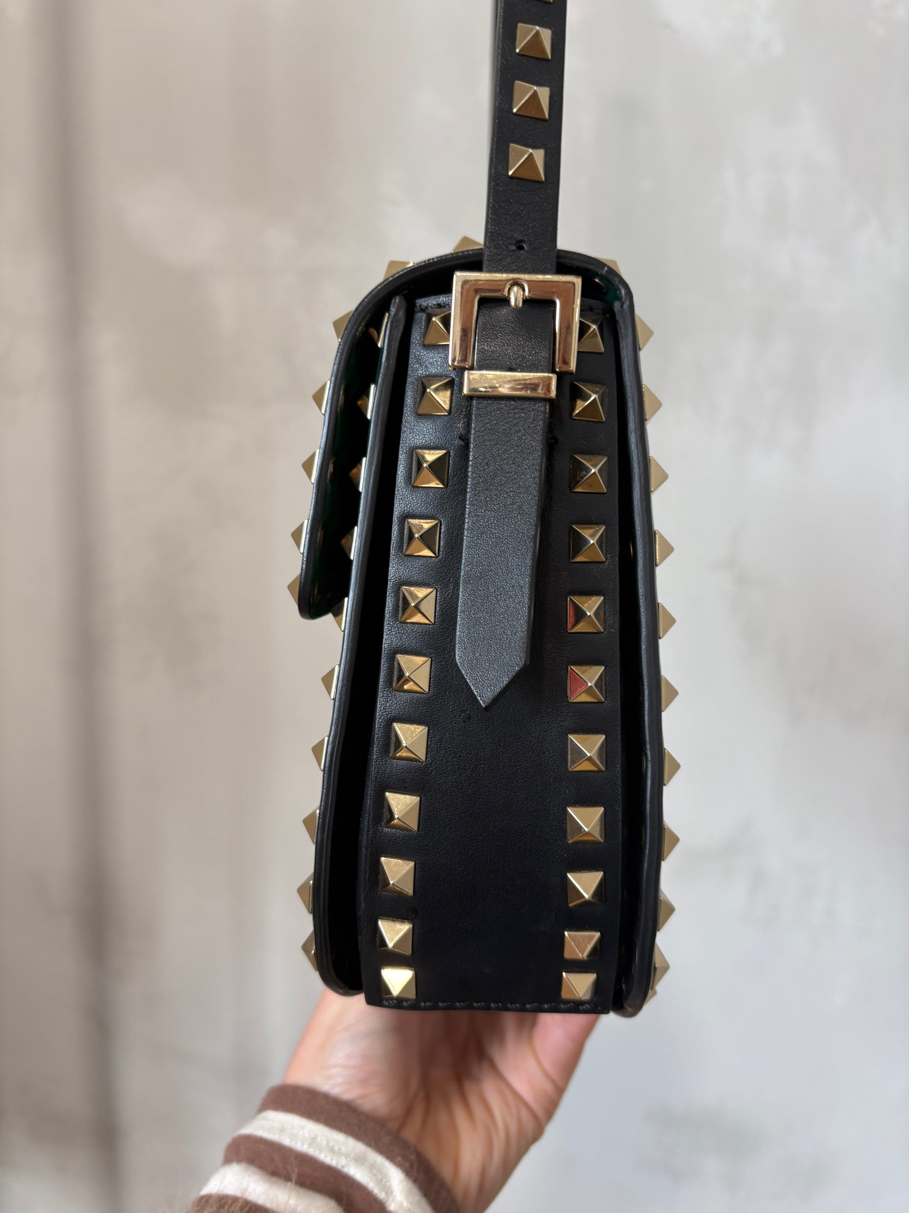Valentino Rockstud Glam Lock Shoulder Bag In Green Black Trim