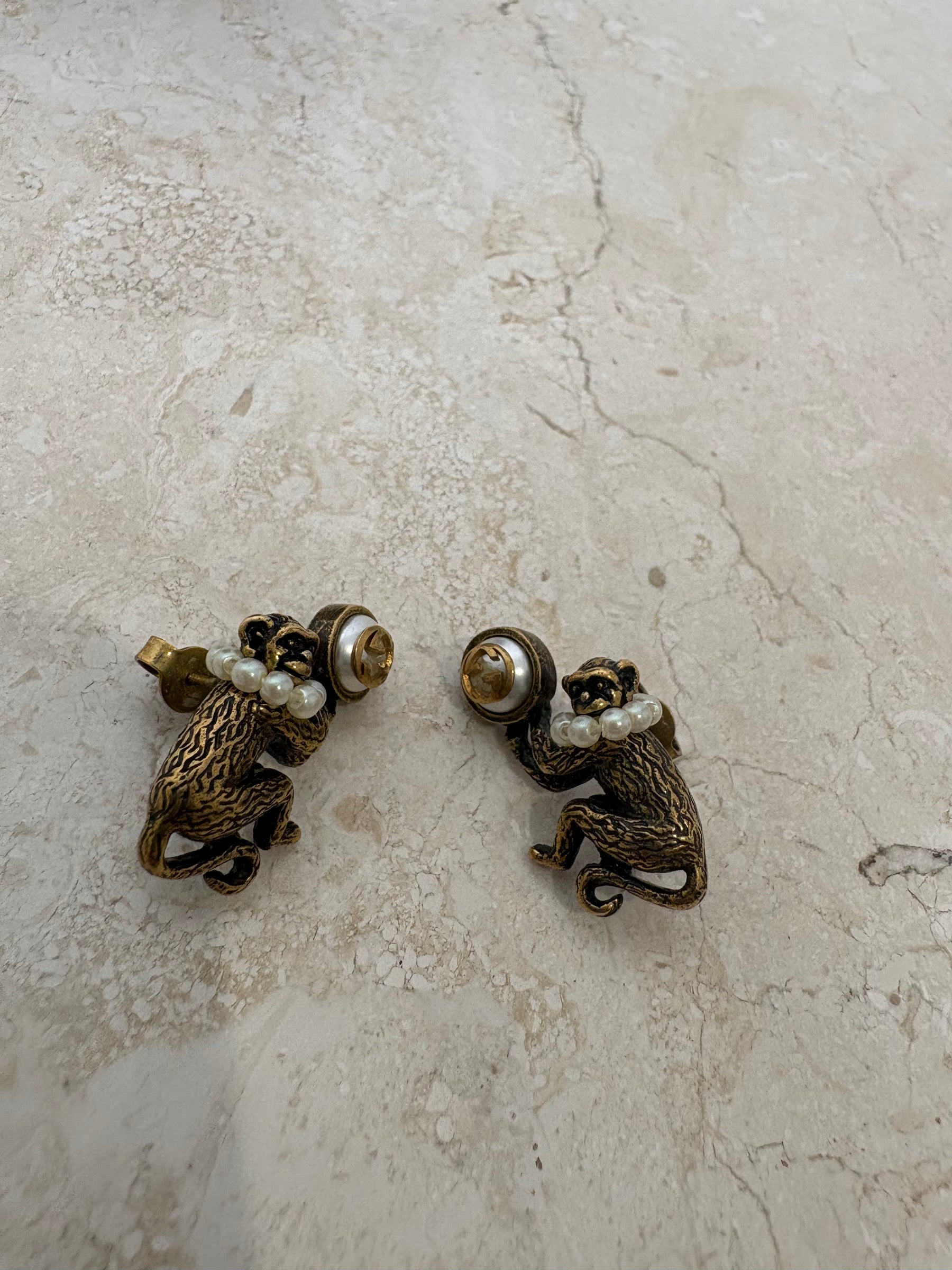 Gucci Gold Tone and Pearl Monkey Stud Earrings