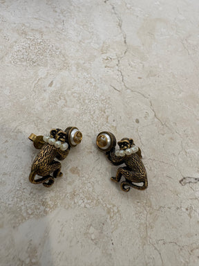 Gucci Gold Tone and Pearl Monkey Stud Earrings