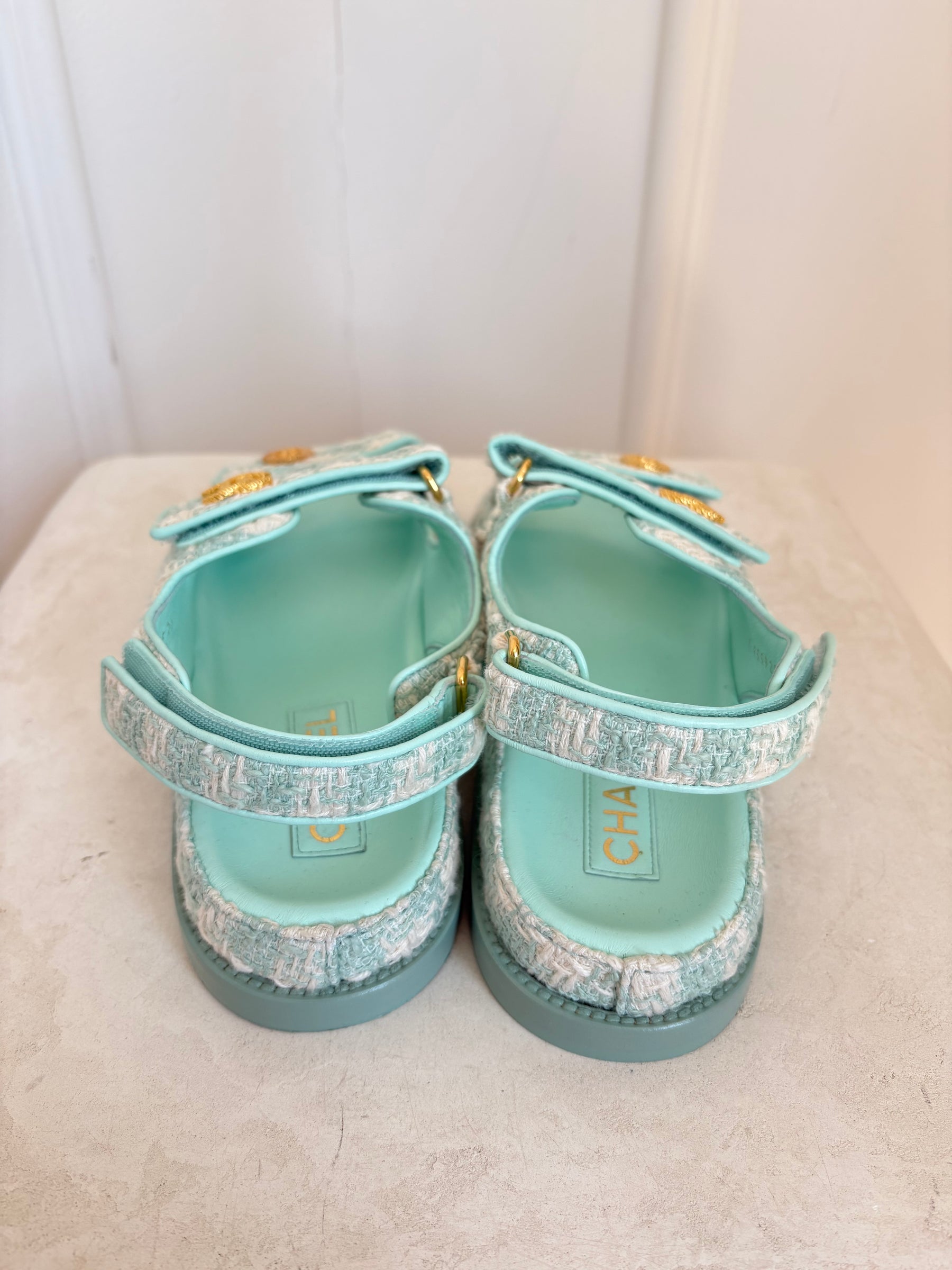 Chanel Light Blue and Ecru Tweed Dad Sandals, 39.5