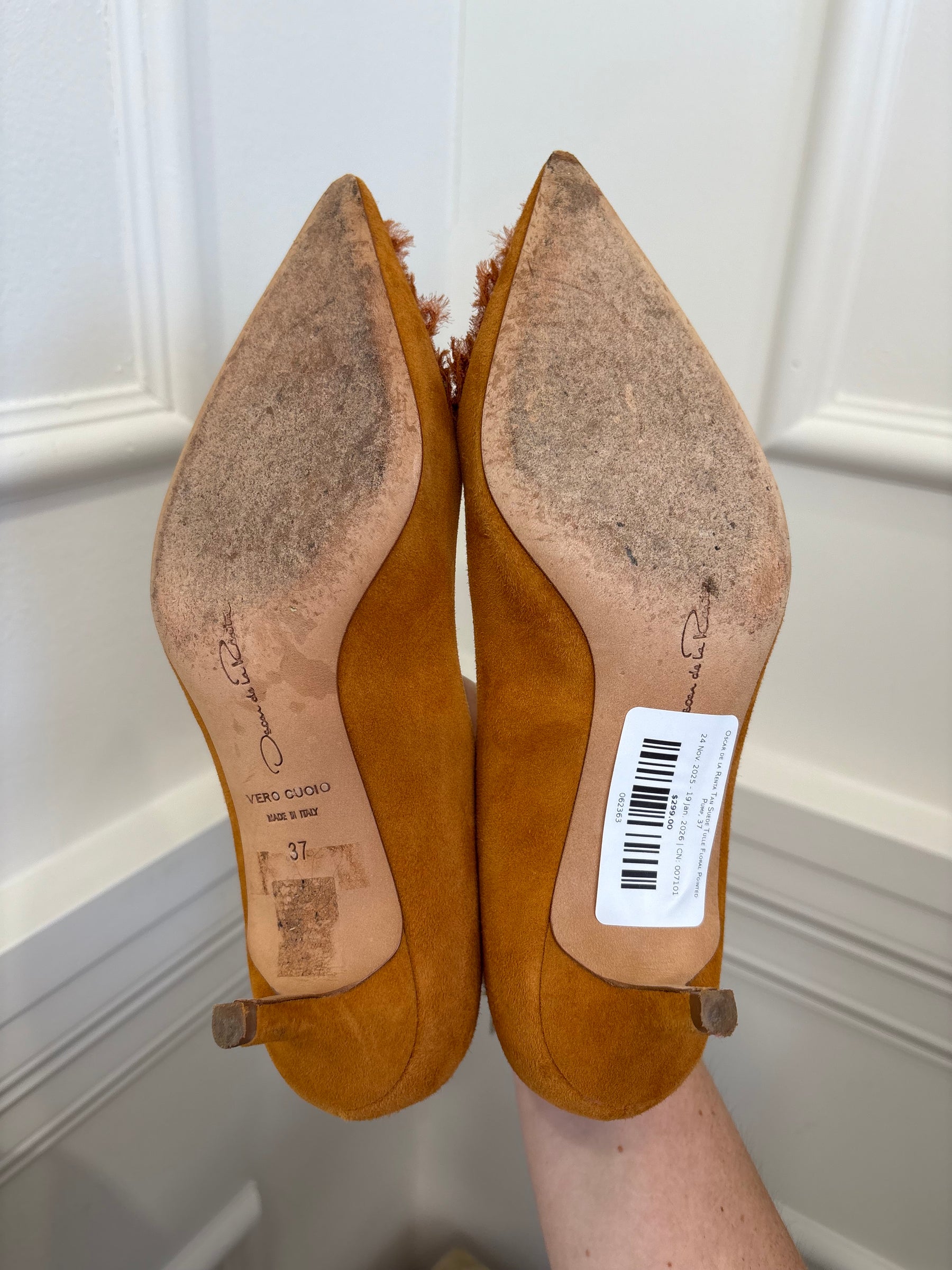 Oscar de la Renta Tan Suede Tulle Floral Pointed Pump, 37