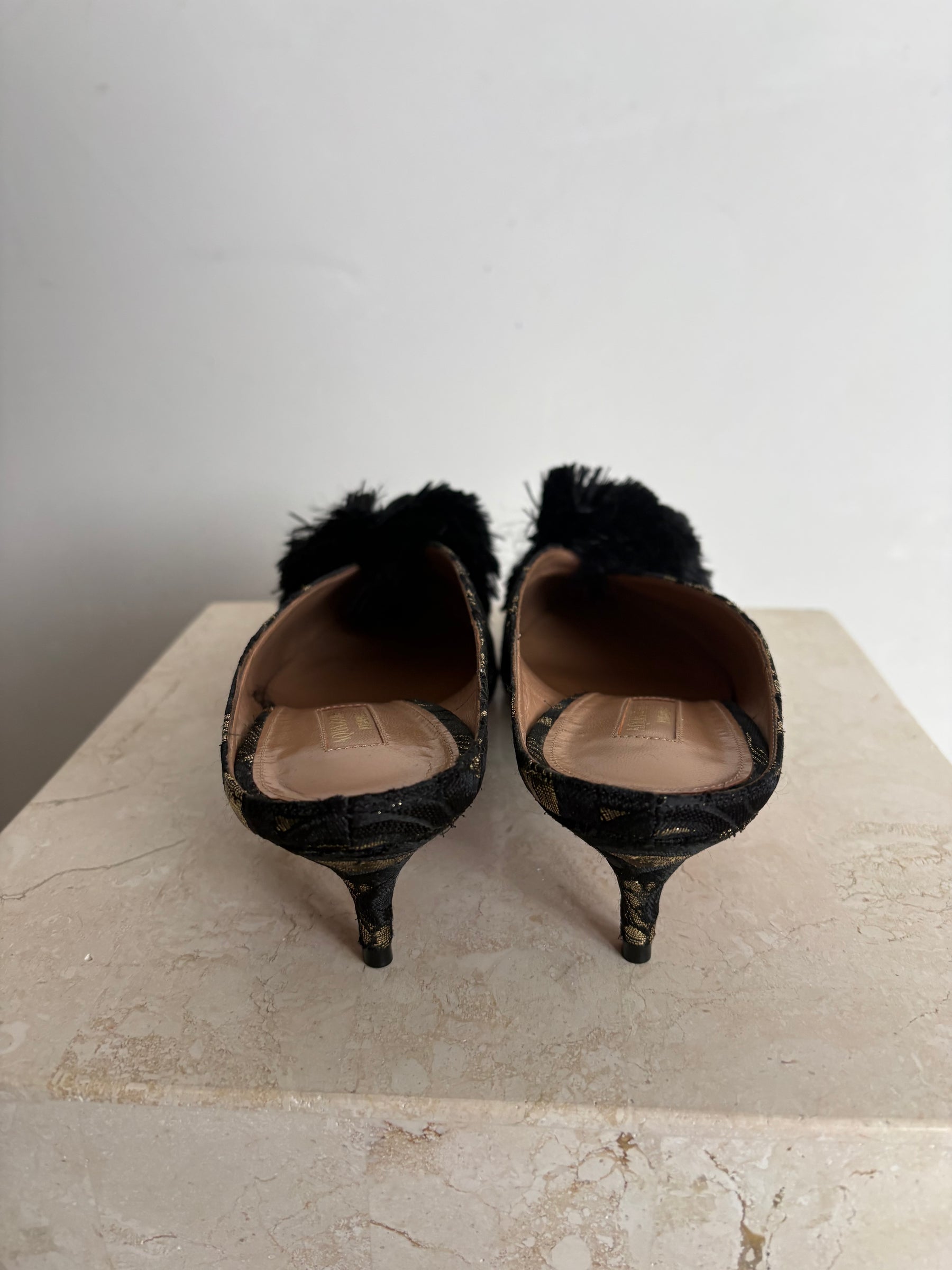 Aquazzura Jacquard Plumes Mules Black Gold, 40