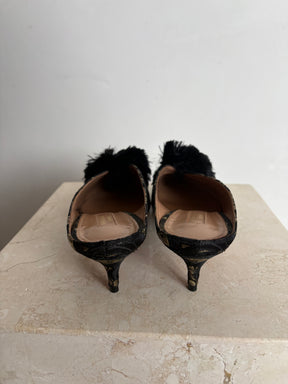 Aquazzura Jacquard Plumes Mules Black Gold, 40