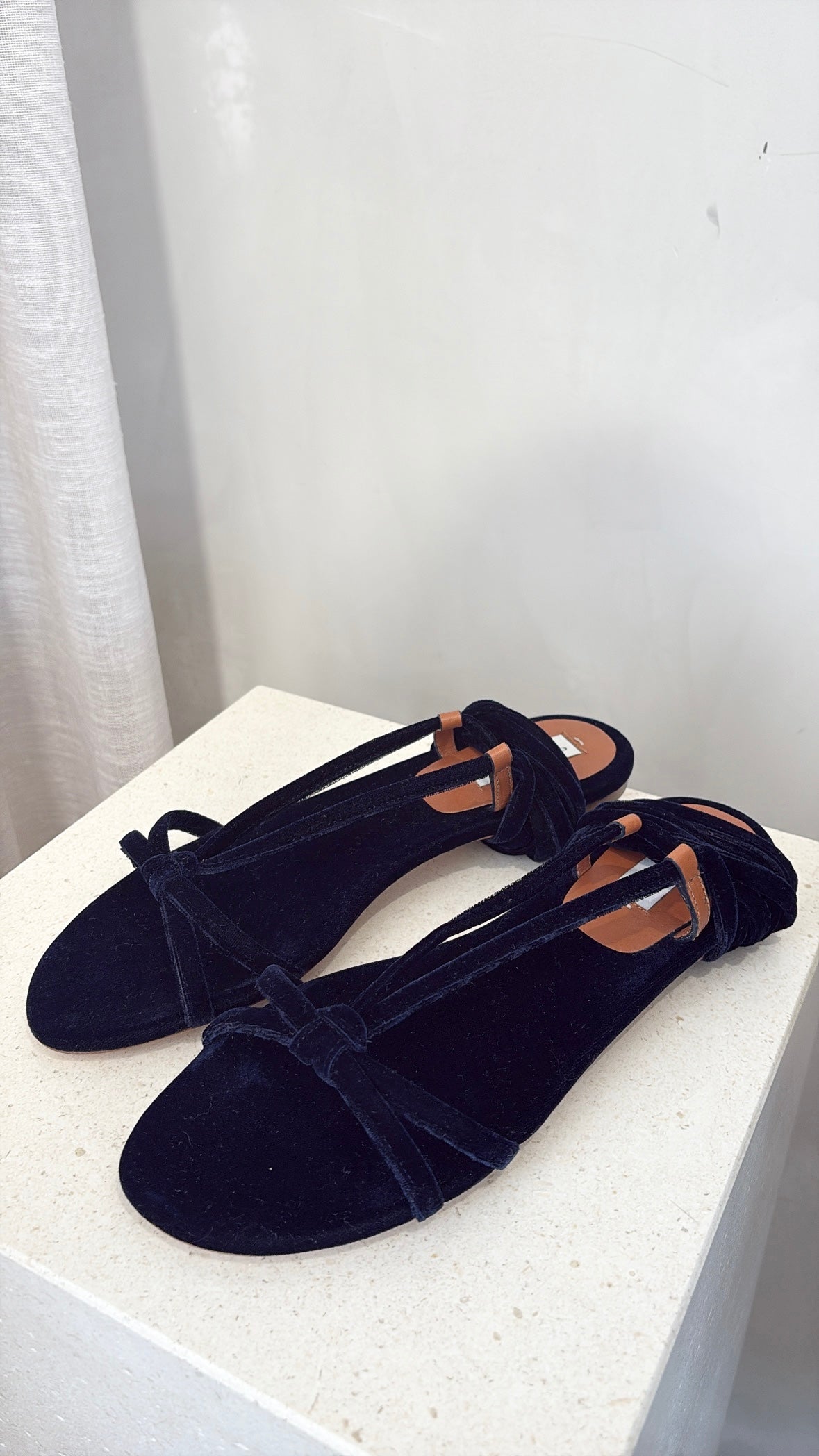 GABRIELA HEARST Navy Velvet Lace Lace Up Sandals, 39.5