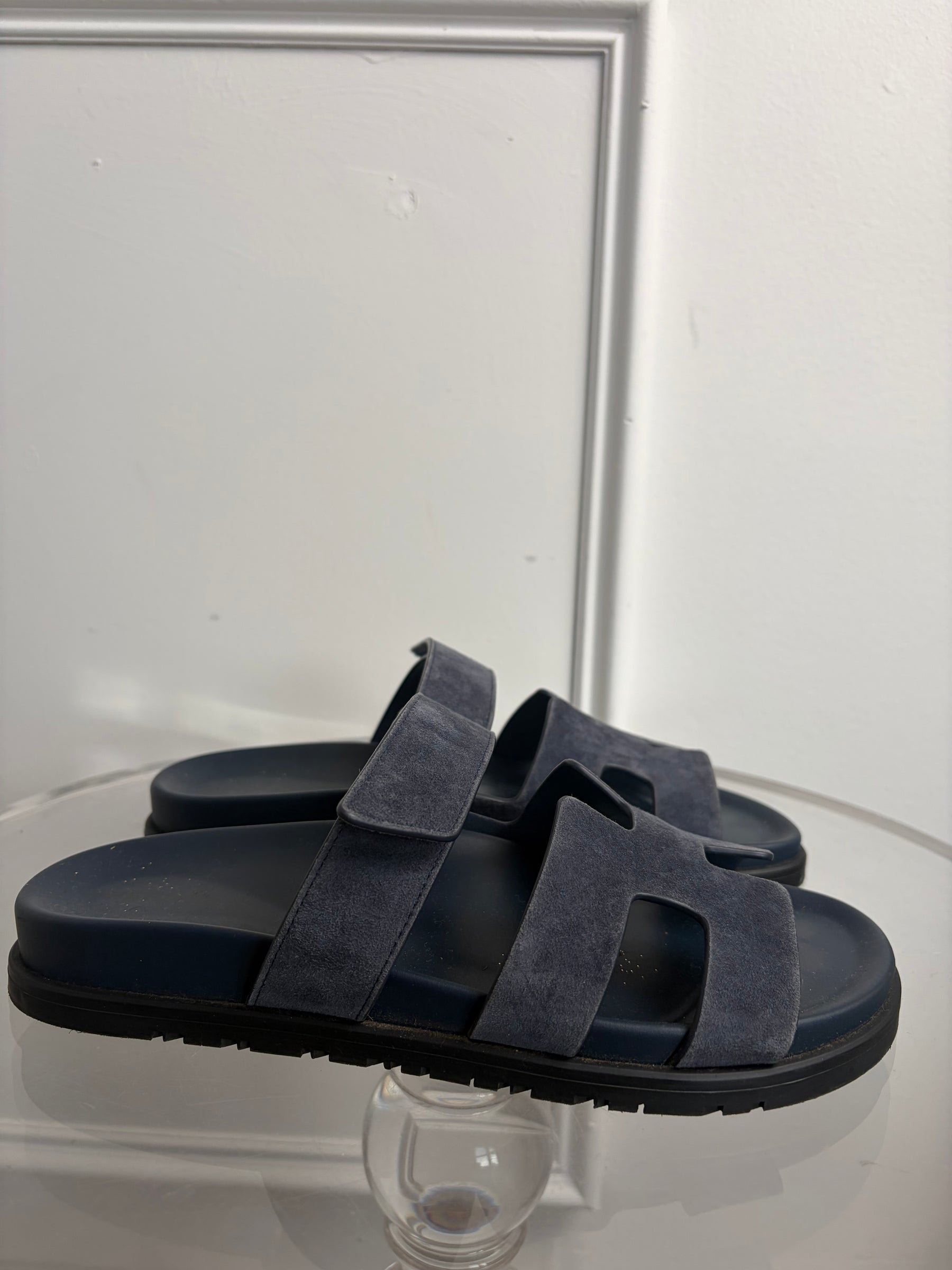 Hermès Navy Suede Chypre Sandals, 39