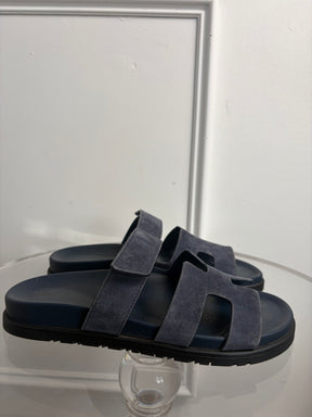 Hermès Navy Suede Chypre Sandals, 39
