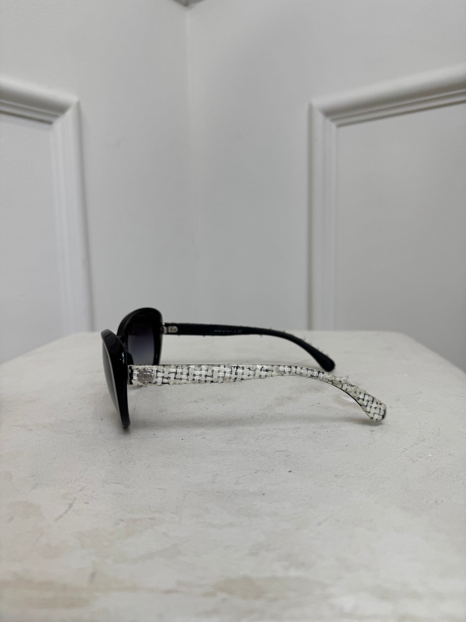 Chanel Black Round Tweed Arm Sunglasses