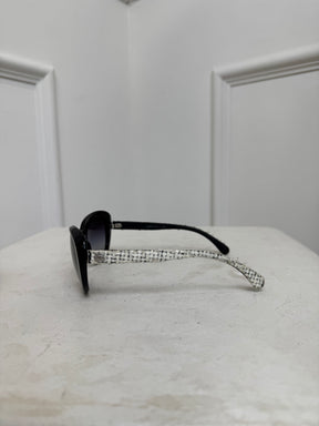 Chanel Black Round Tweed Arm Sunglasses