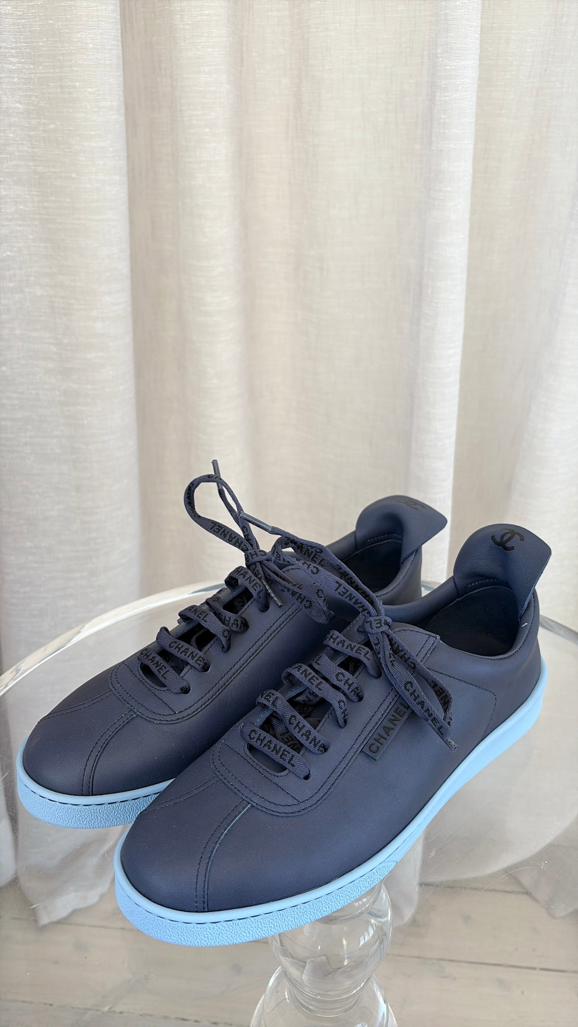 Chanel Navy Leather Logo Lace Sneaker, 40