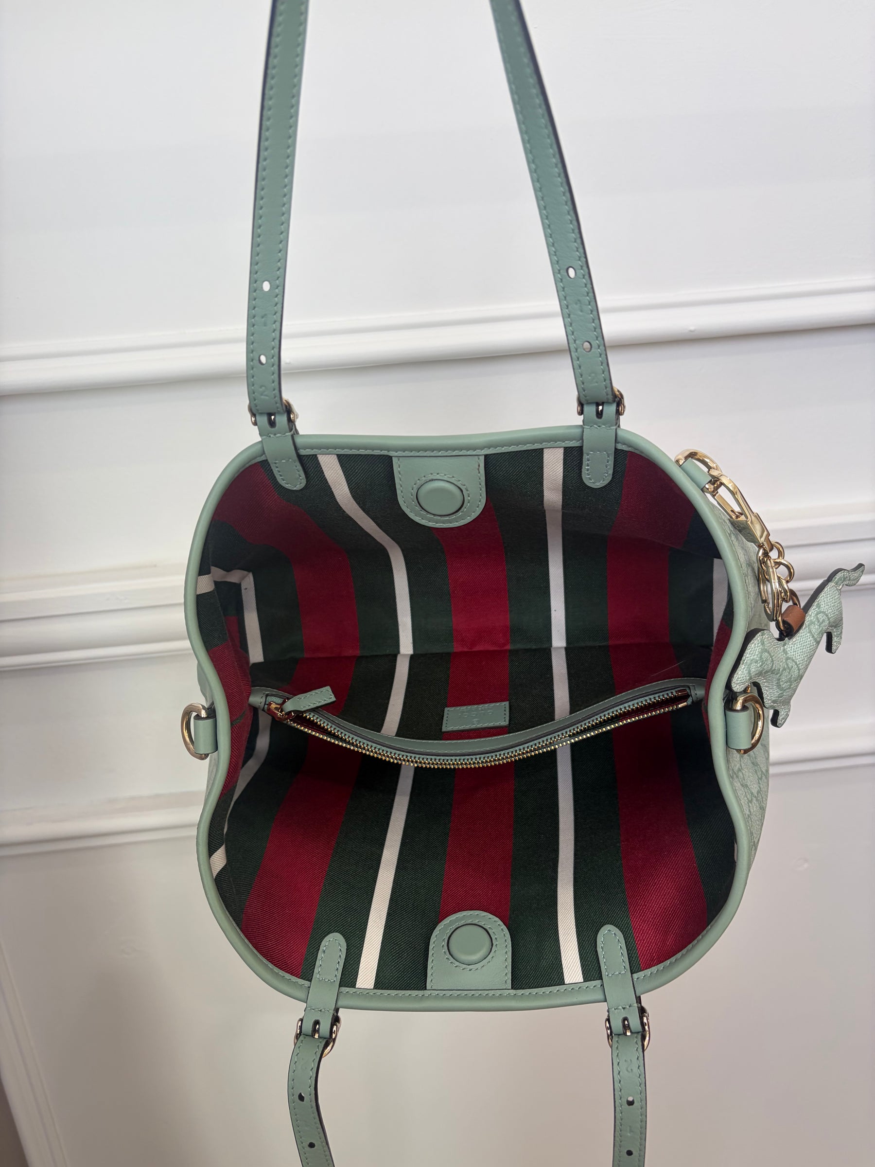 Gucci Sage Green GG Monogram Emblem Small Tote with Dog Charm