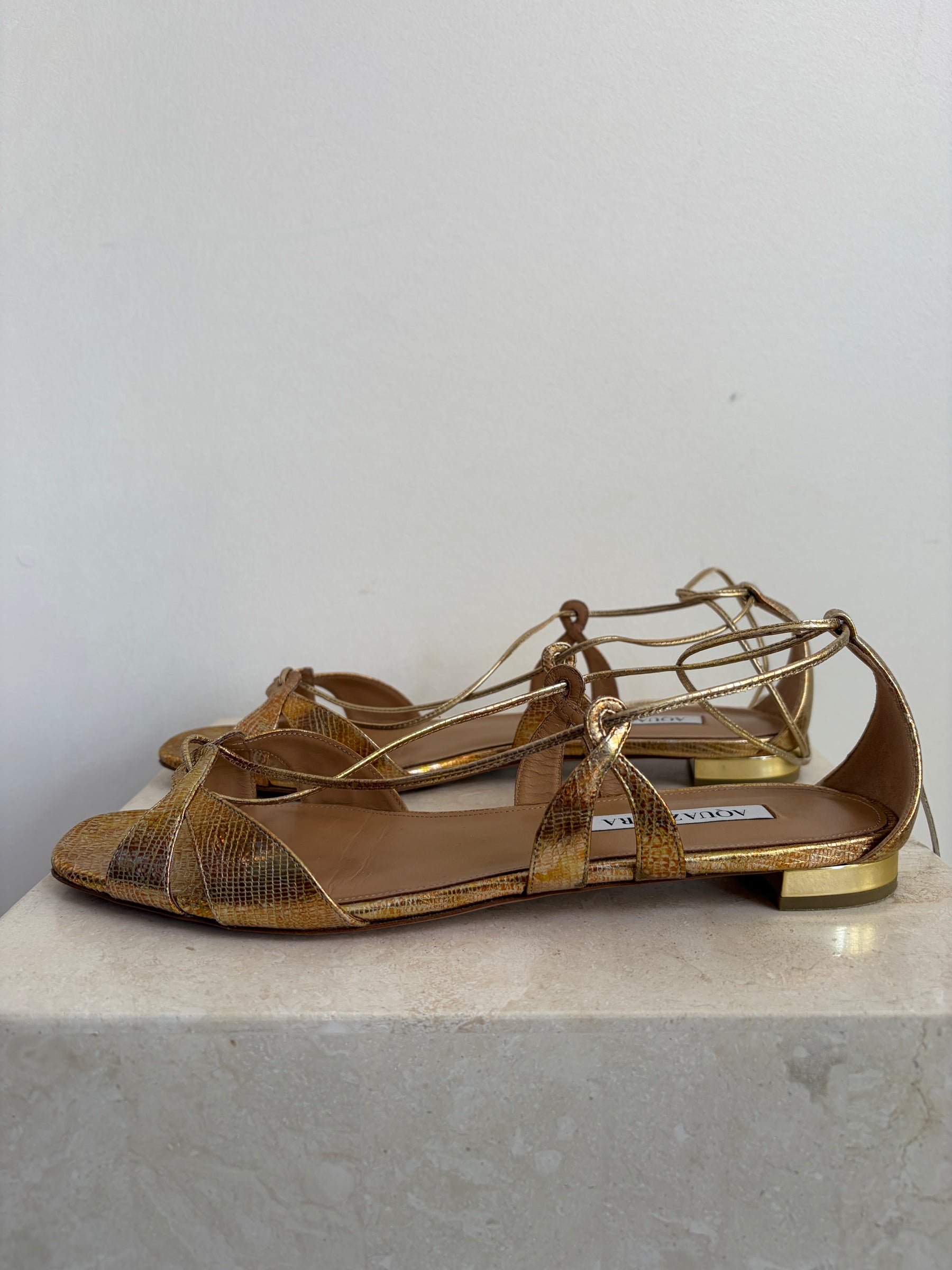 Aquazzura Gold and Bronze Metallic Ankle Tie Flats, 42