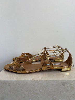 Aquazzura Gold and Bronze Metallic Ankle Tie Flats, 42
