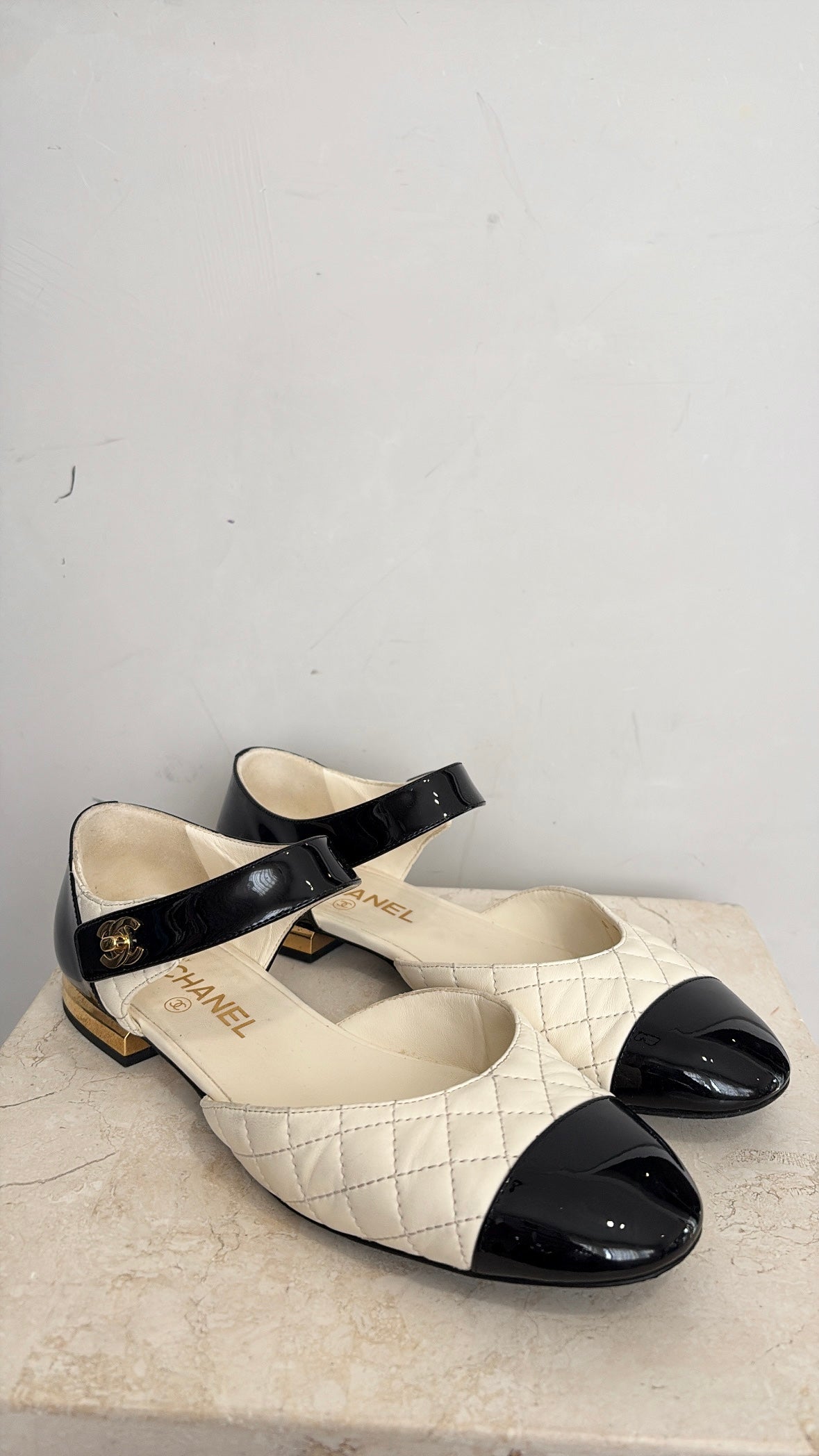 Chanel Lambskin and Patent Calfskin Ivory And Black Mary Jane Shoes, 39.5 C