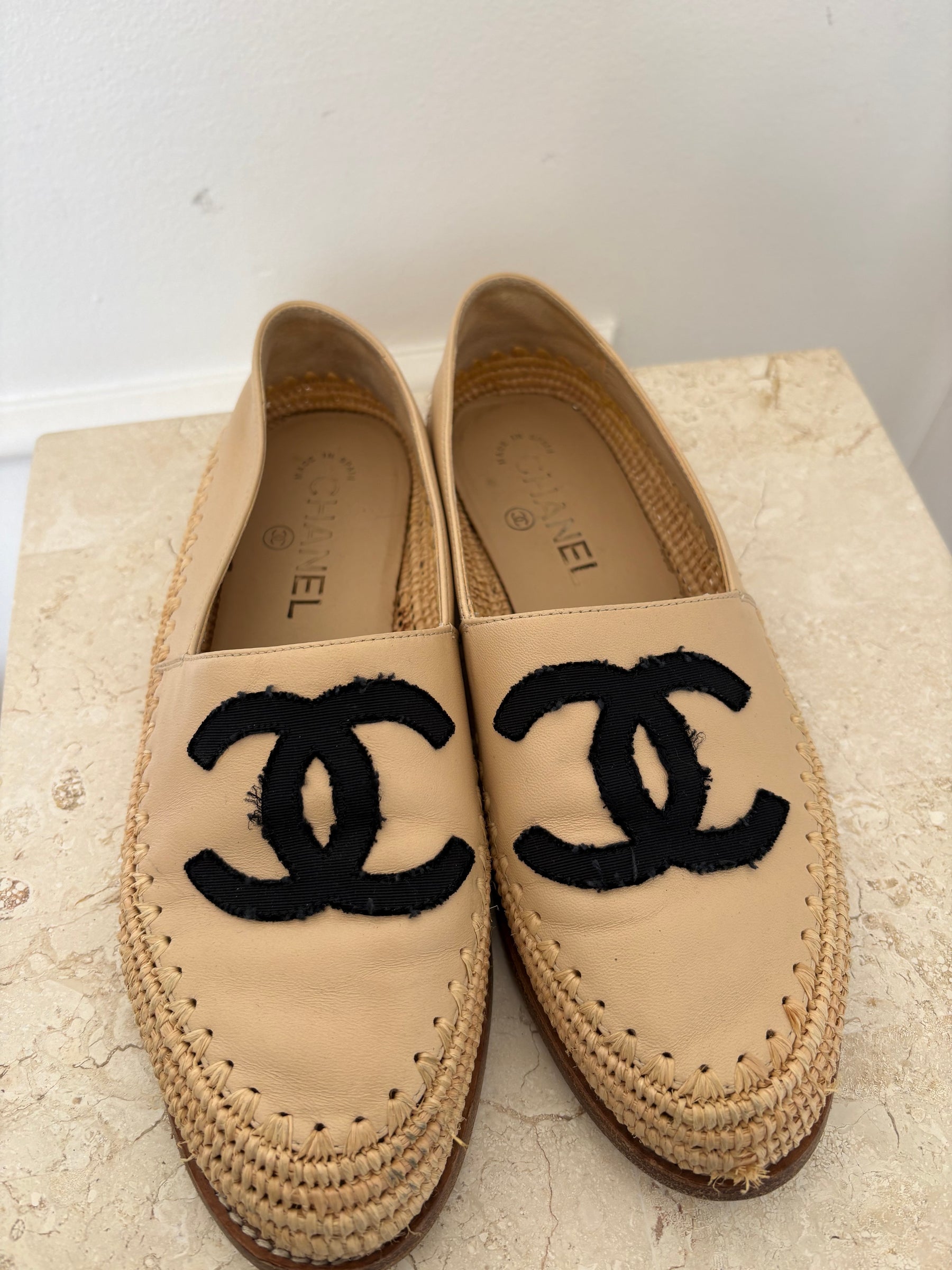 Chanel Beige Leather and Raffia Loafer, 37