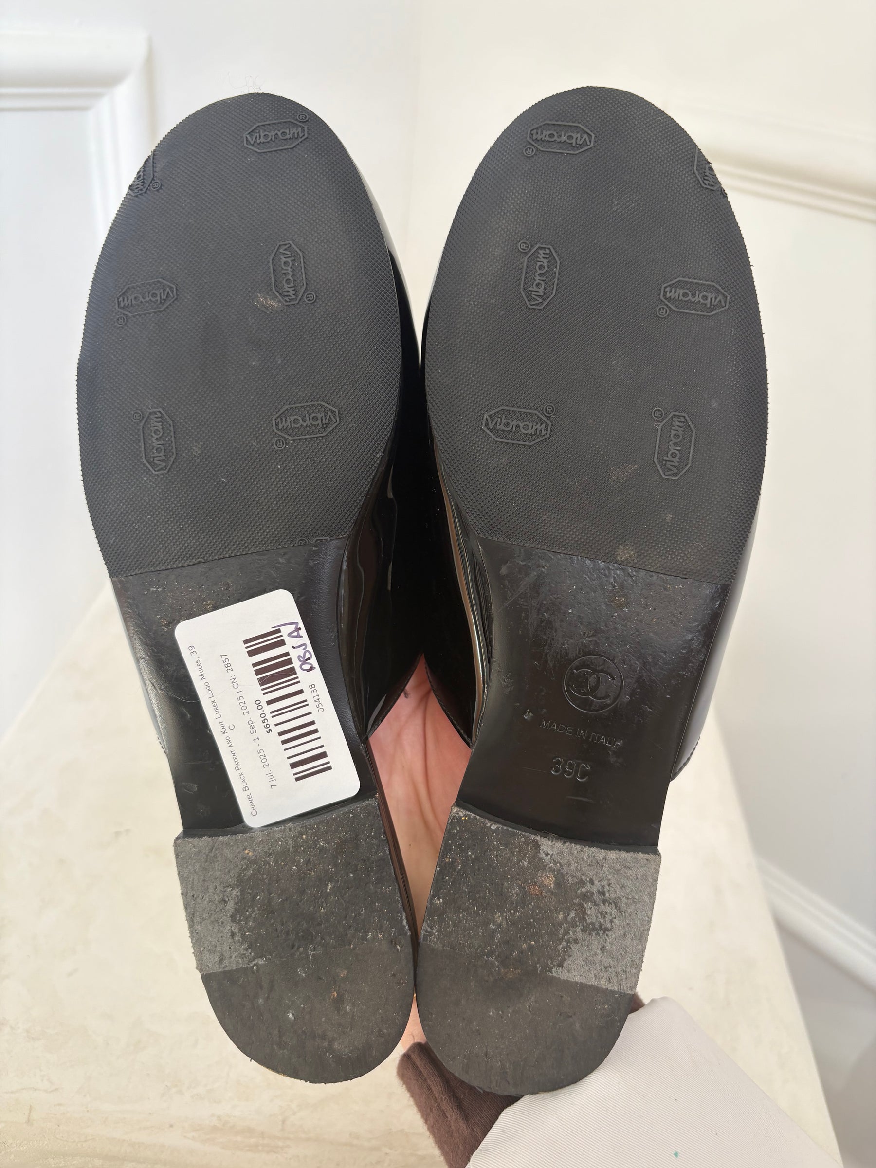 Chanel Black Patent and Knit Lurex Logo Mules, 39 C