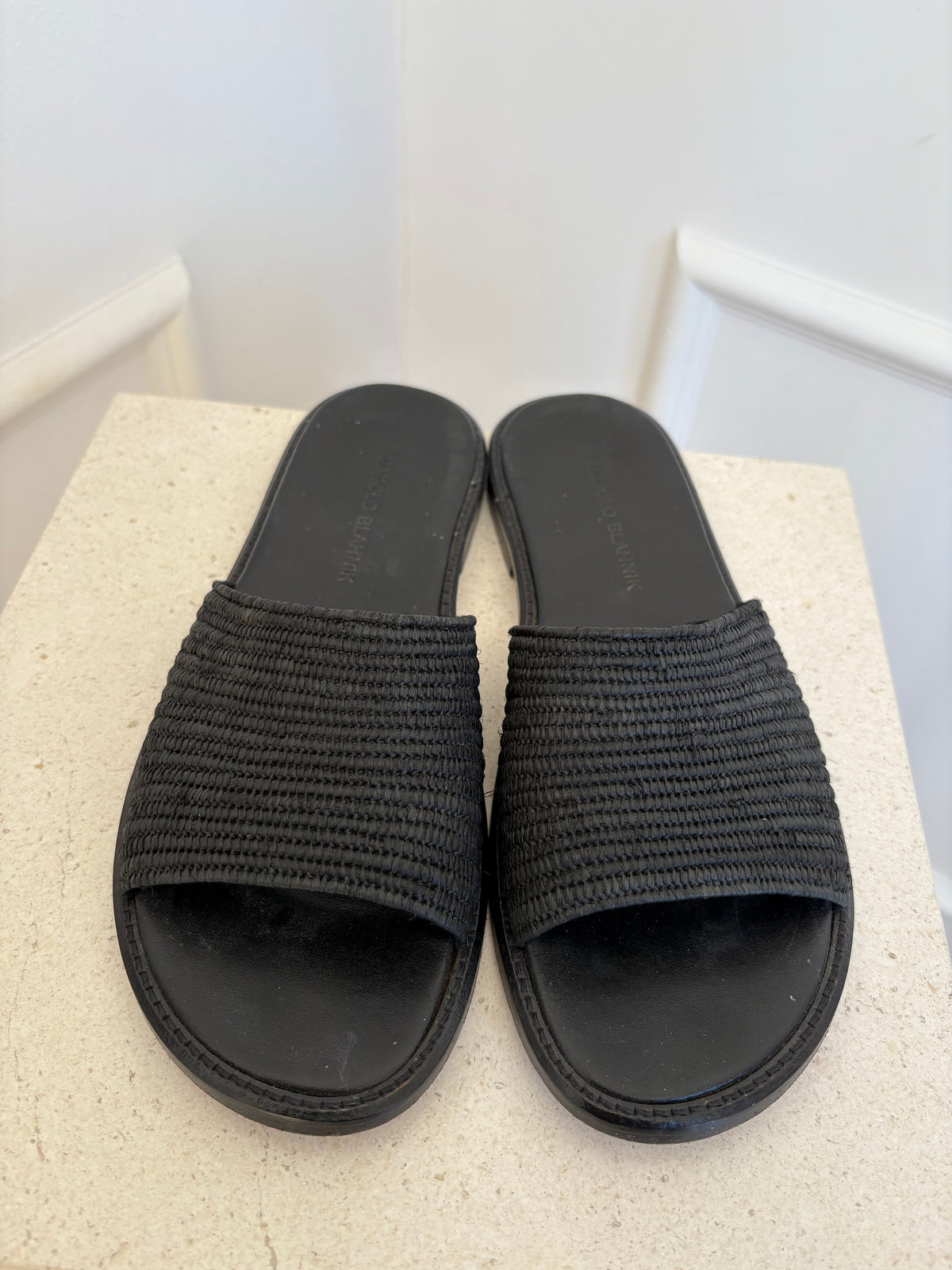 Manolo Blahnik Black Woven Raffia Slides, 40