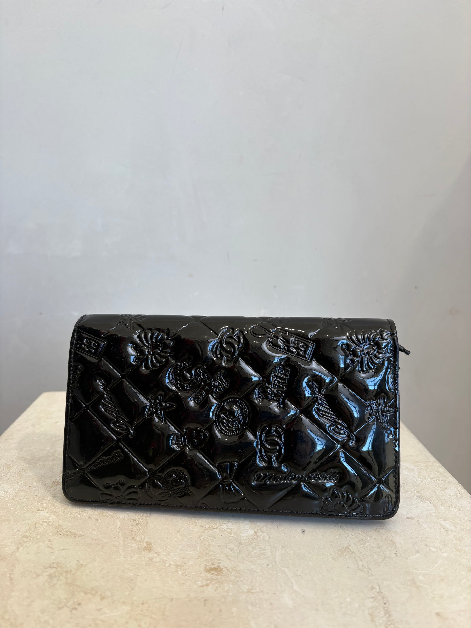 Chanel Black Patent 'Lucky Symbols' Embossed Flap Wallet
