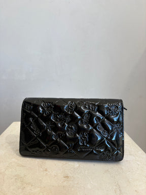 Chanel Black Patent 'Lucky Symbols' Embossed Flap Wallet