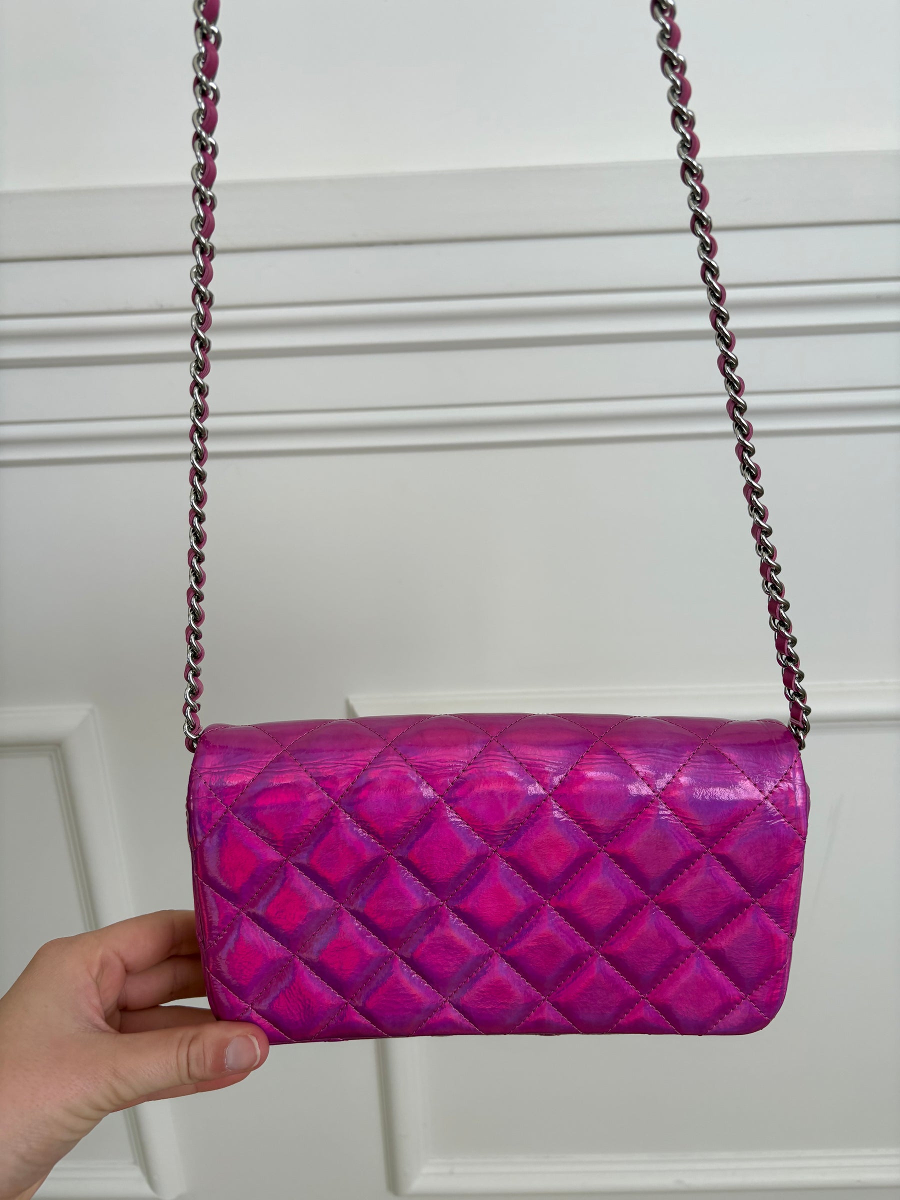 Chanel Pink Holographic Leather Rectangular Flap Bag