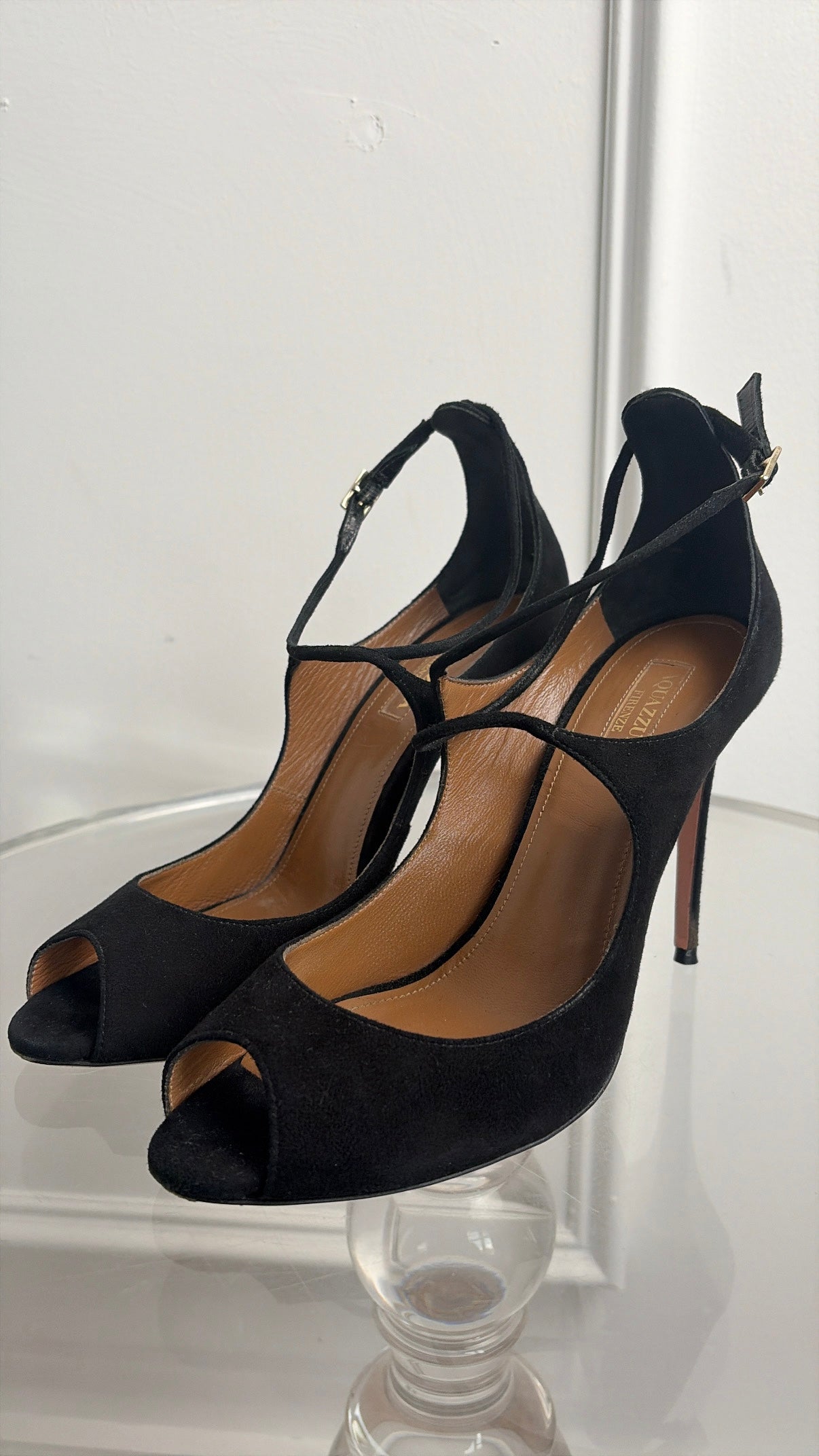 Aquazzura Black Suede Peep Toe Ankle Strap heels, 38.5