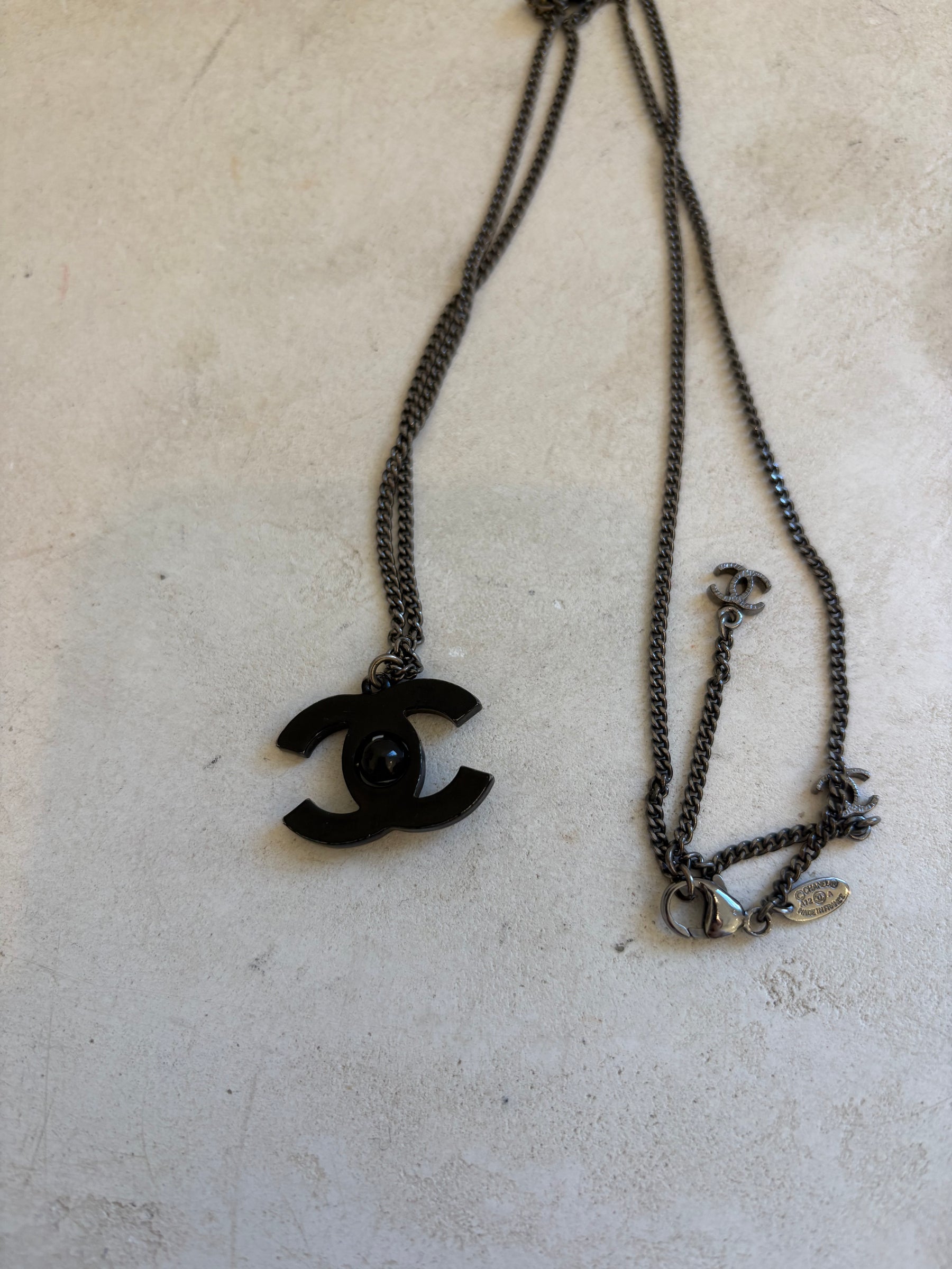 Chanel Black Metal CC Camellia Flower Necklace