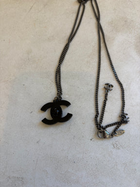 Chanel Black Metal CC Camellia Flower Necklace