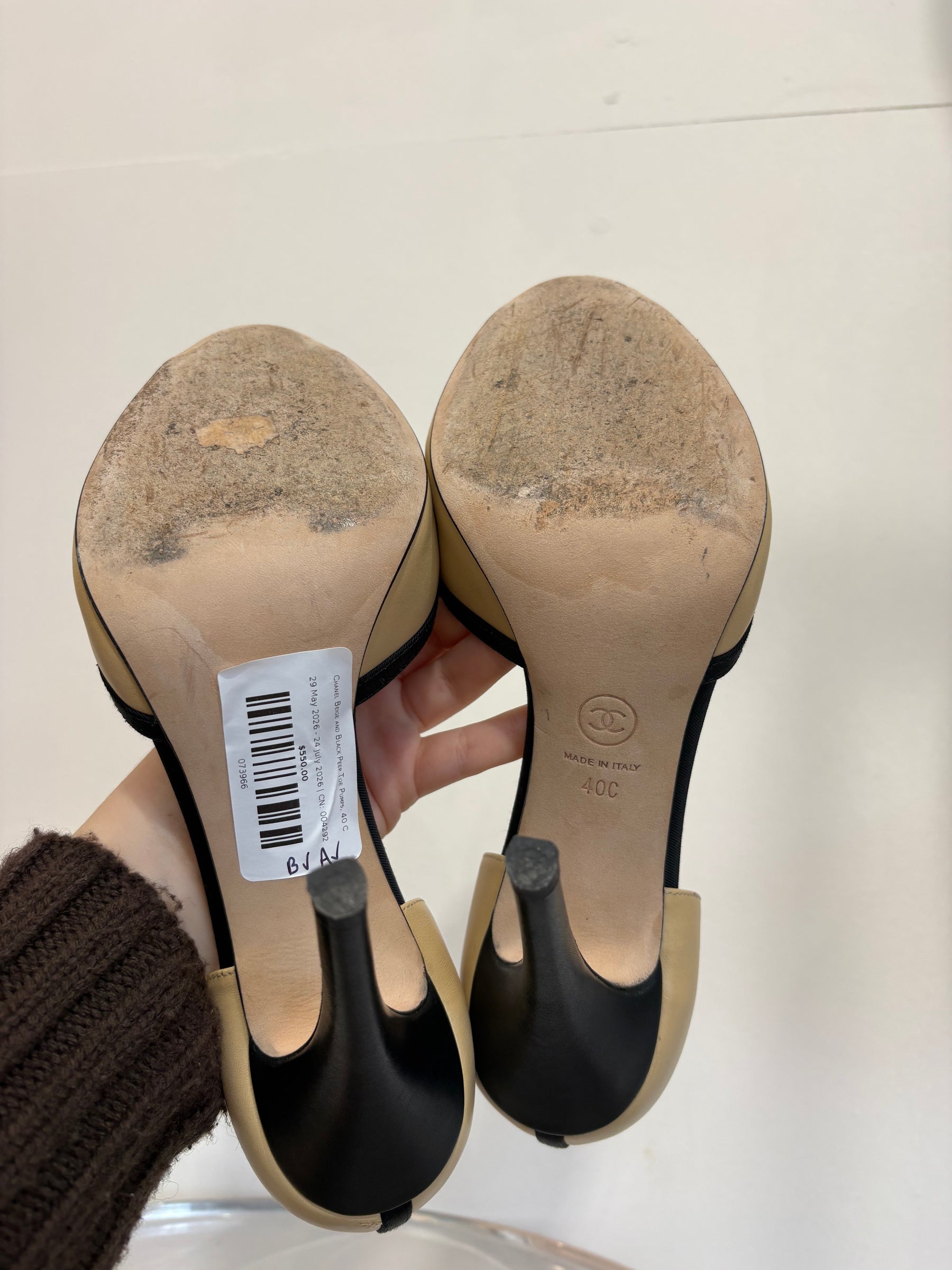 Chanel Beige and Black Peep Toe Pumps, 40 C