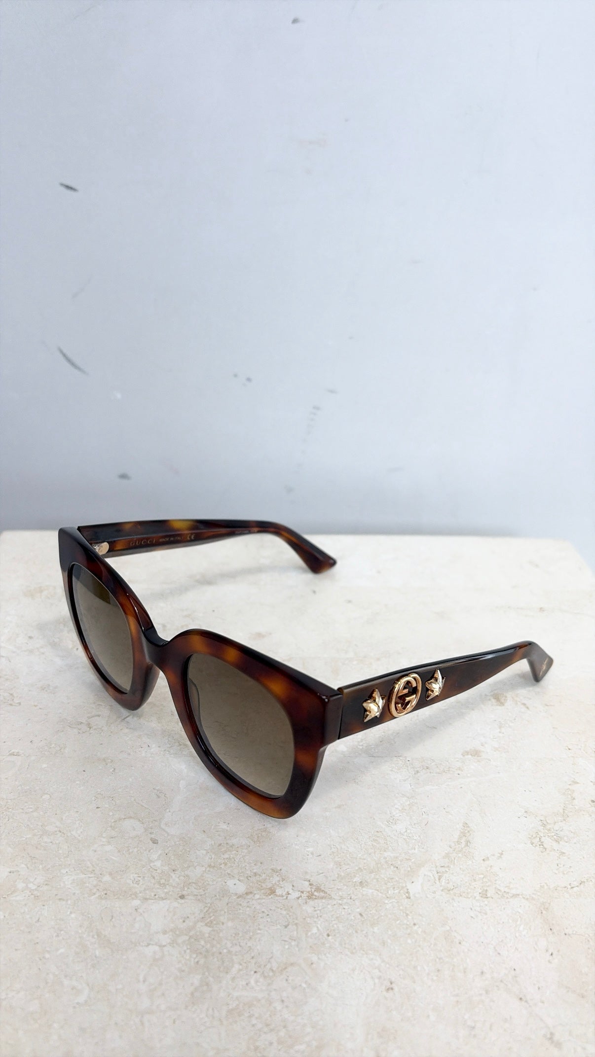 Gucci Tortoiseshell Crystal Logo Arm Sunglasses