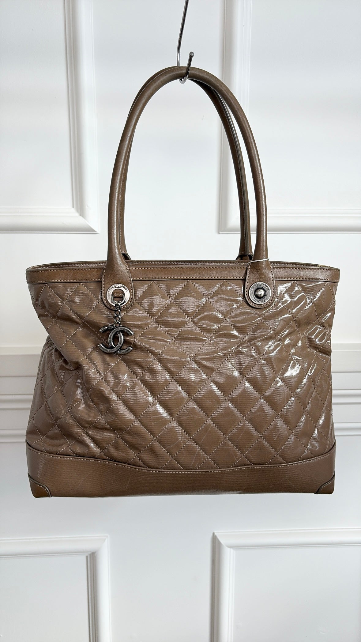 Chanel Taupe Quilted Coated Canvas Shoulder Tote