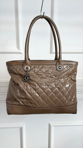 Chanel Taupe Quilted Coated Canvas Shoulder Tote