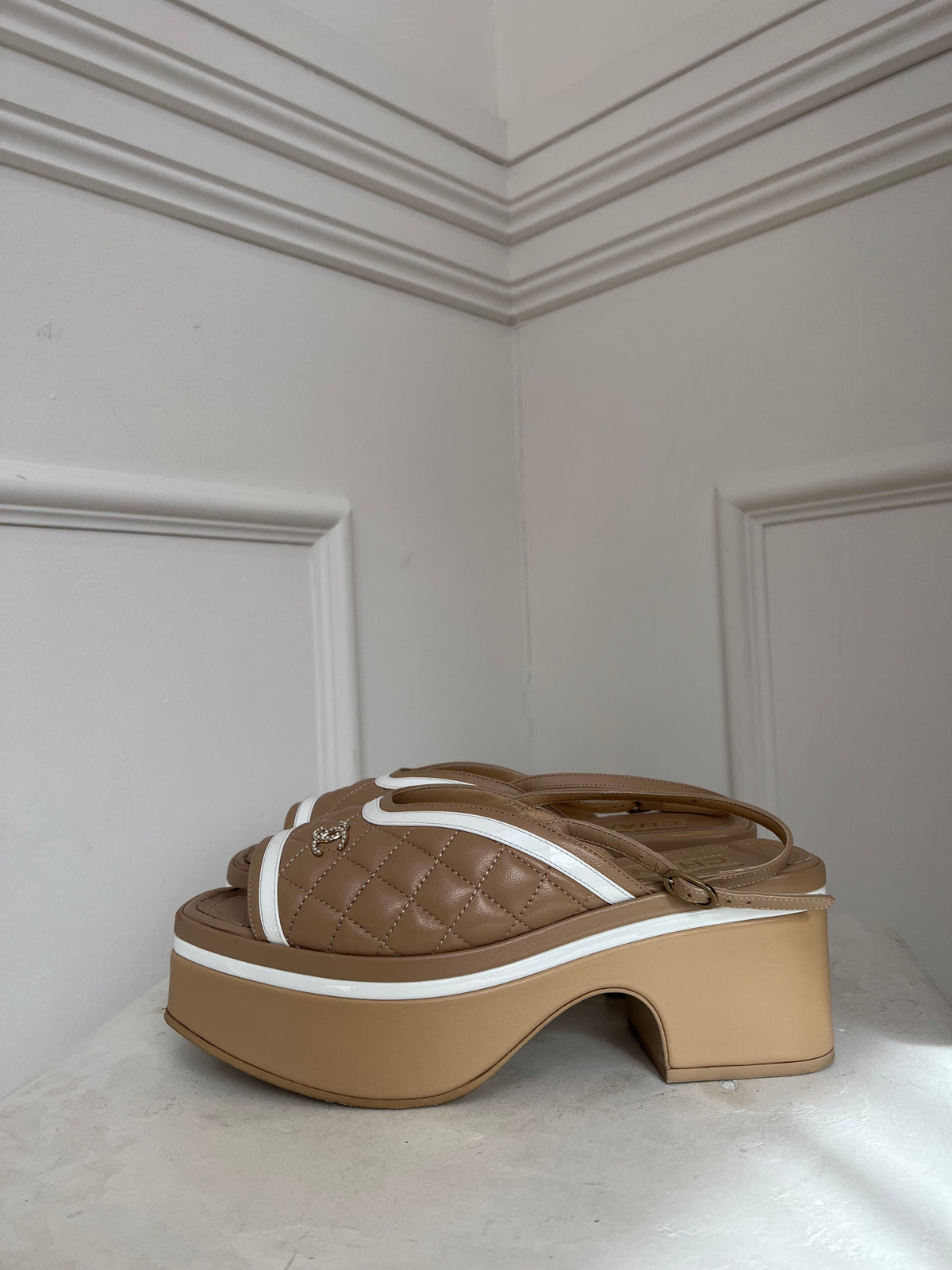 Chanel Biege and White Quilted Leather Platform Slingbacks, 39