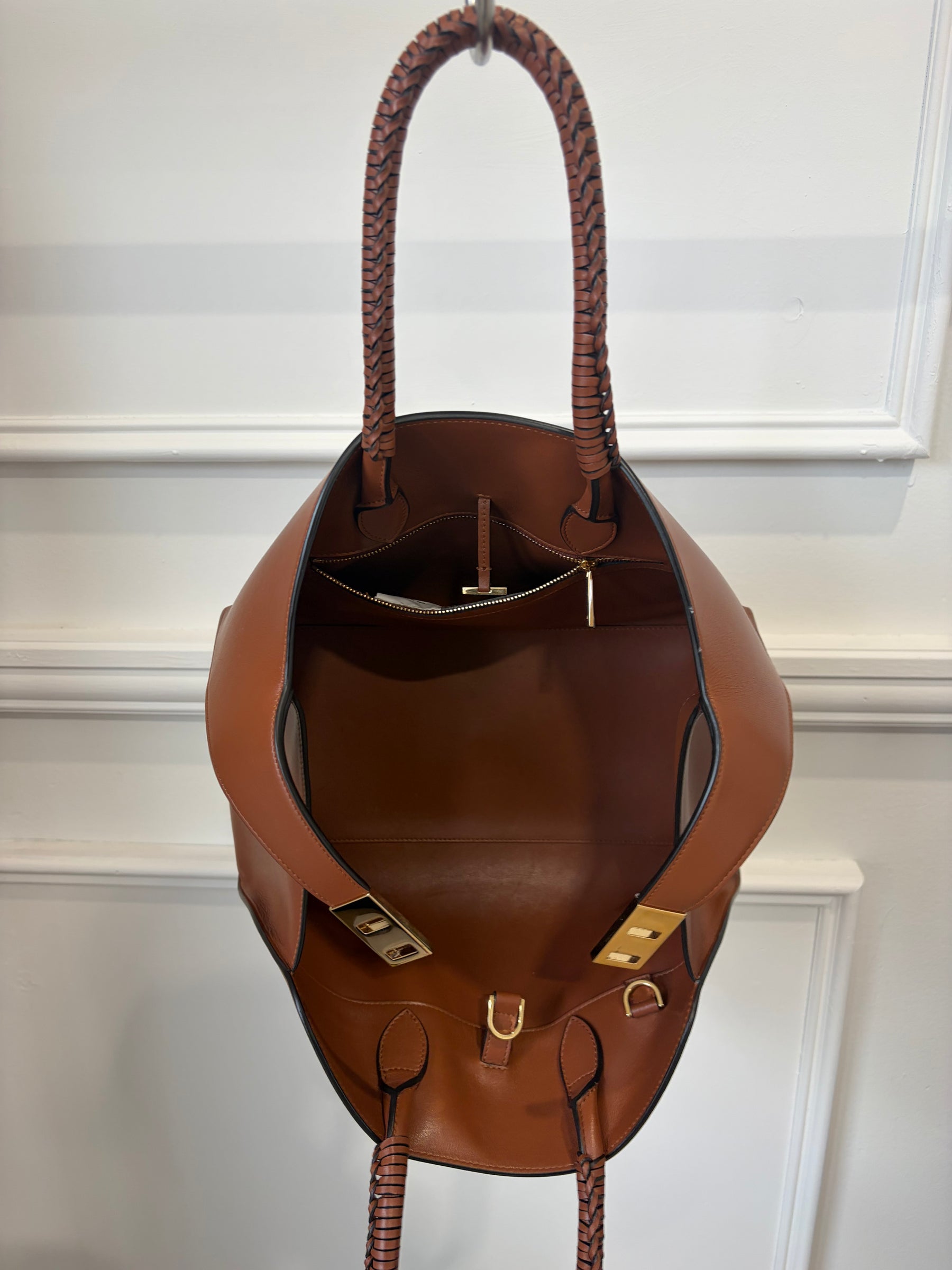 Ferragamo Chestnut Leather Small Hug Bag with Braided Handles