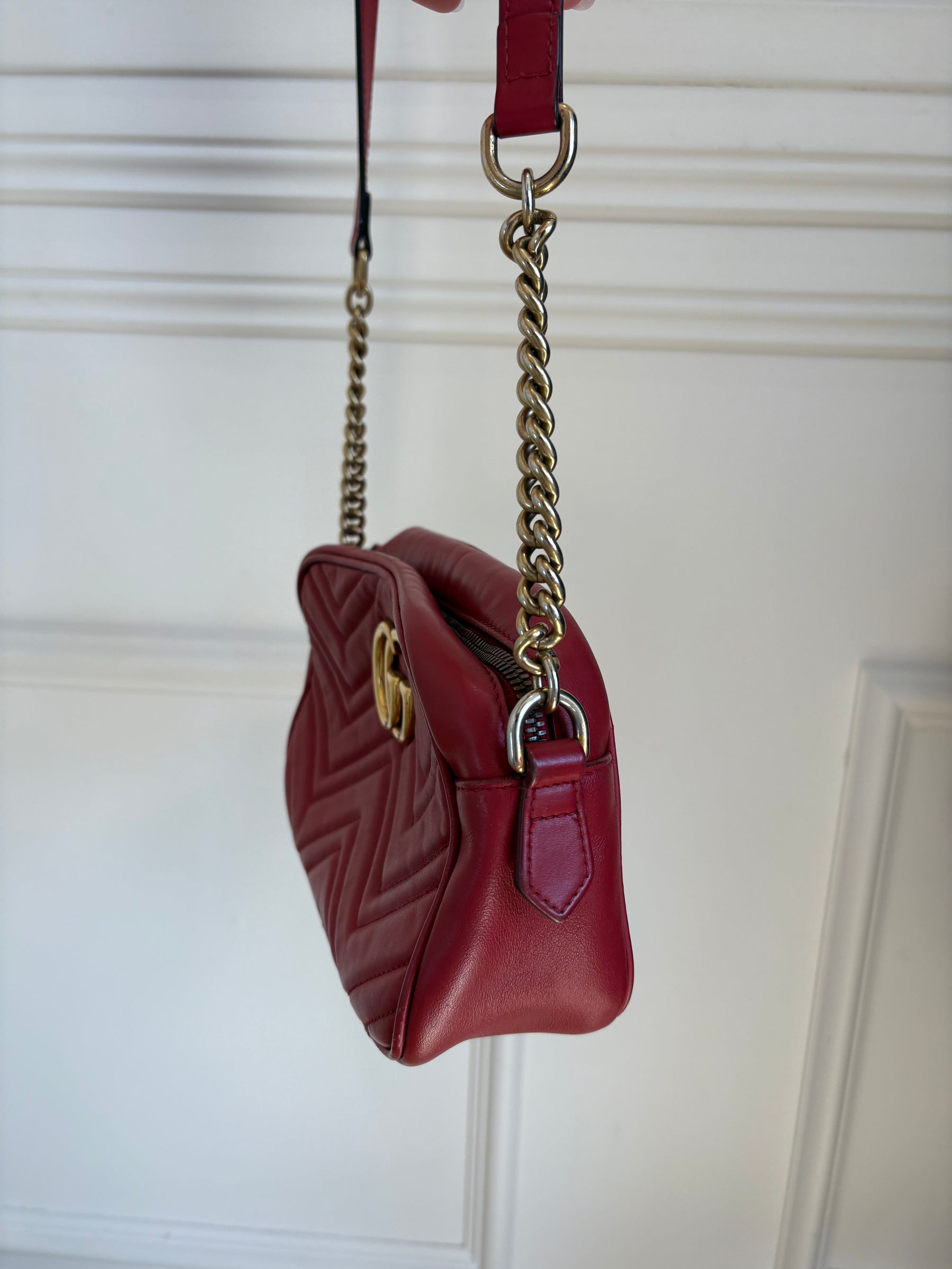 Gucci Red Chevron Quilted Marmont Small Camera Bag