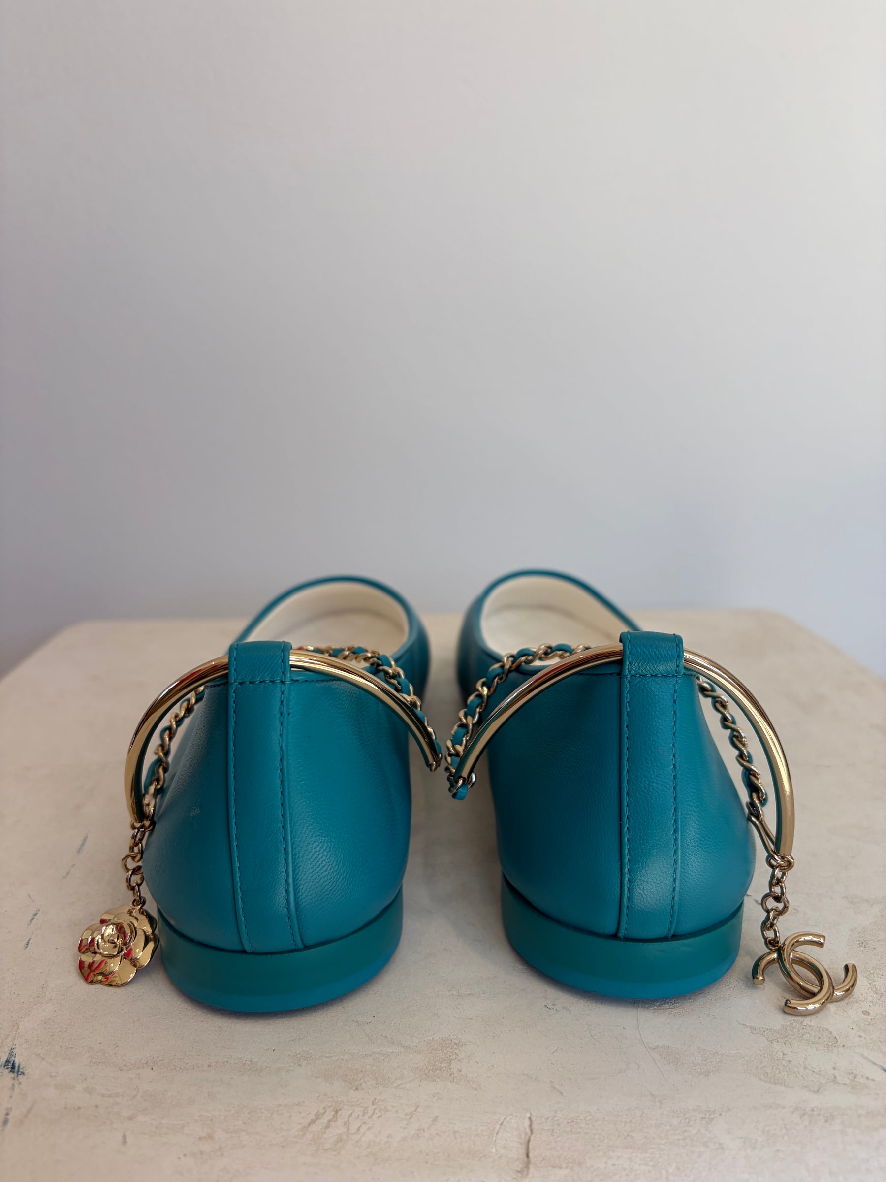 Chanel Teal Leather Gold Ankle Bracelet Strap Mary Janes, 40 C