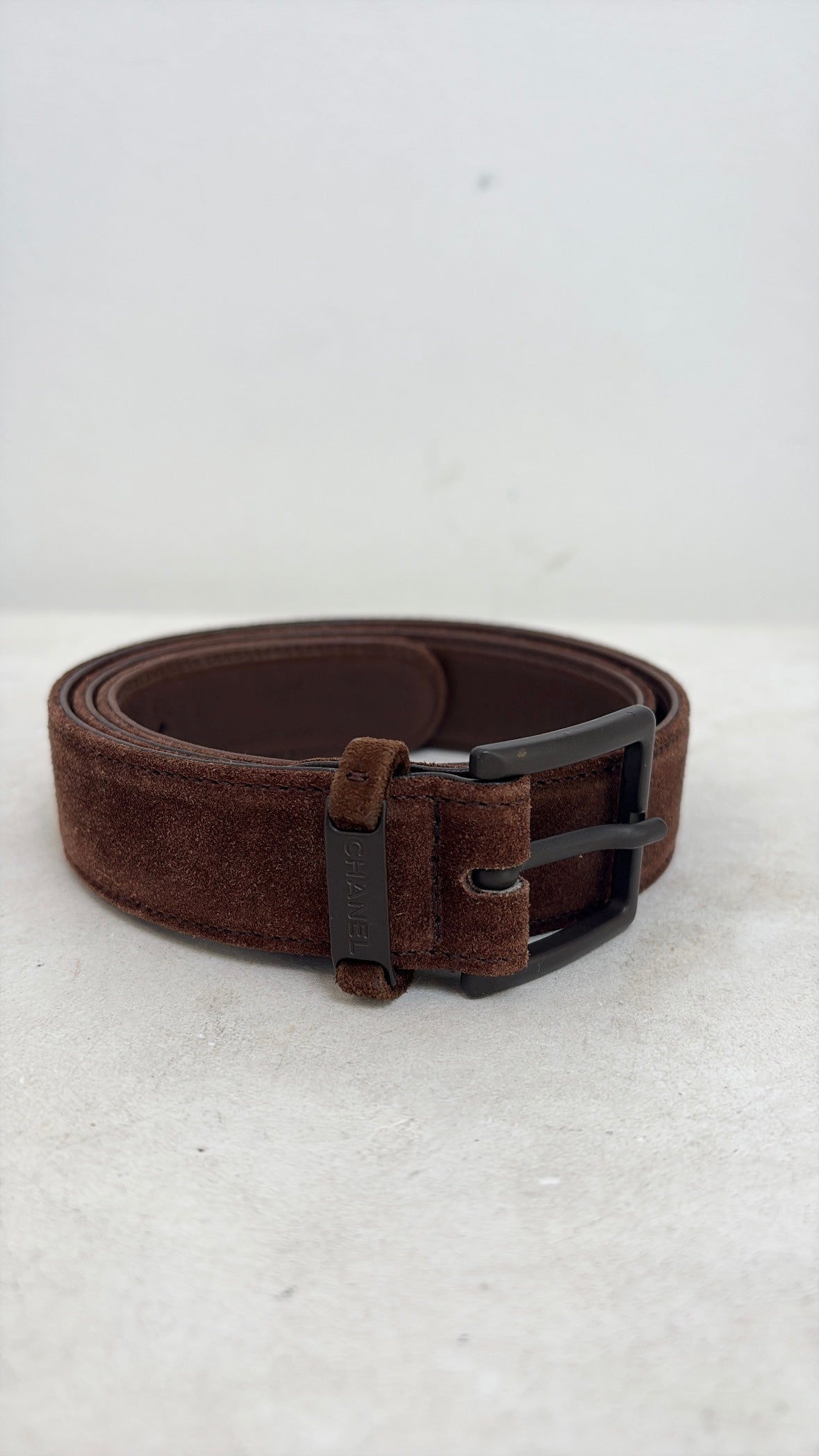 Chanel Brown Suede Logo Belt, 80