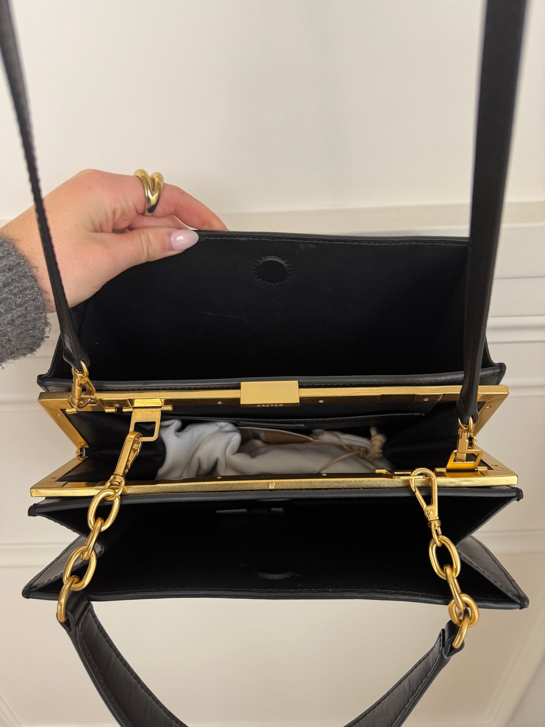Oroton Black Leather Top Handle Gold Frame Shoulder Bag