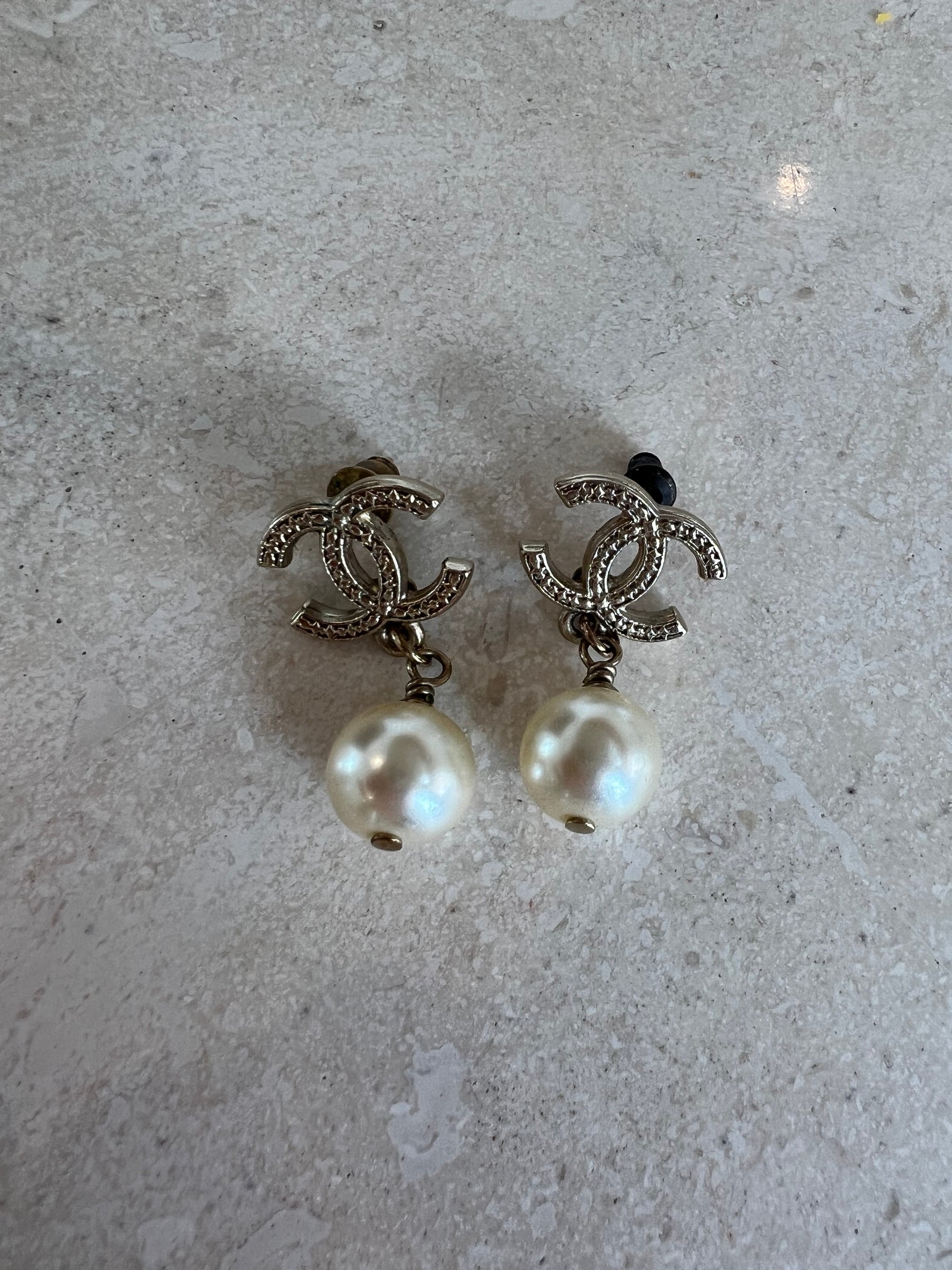 Chanel Pearl Drop Earrings Gold Tone Hardware