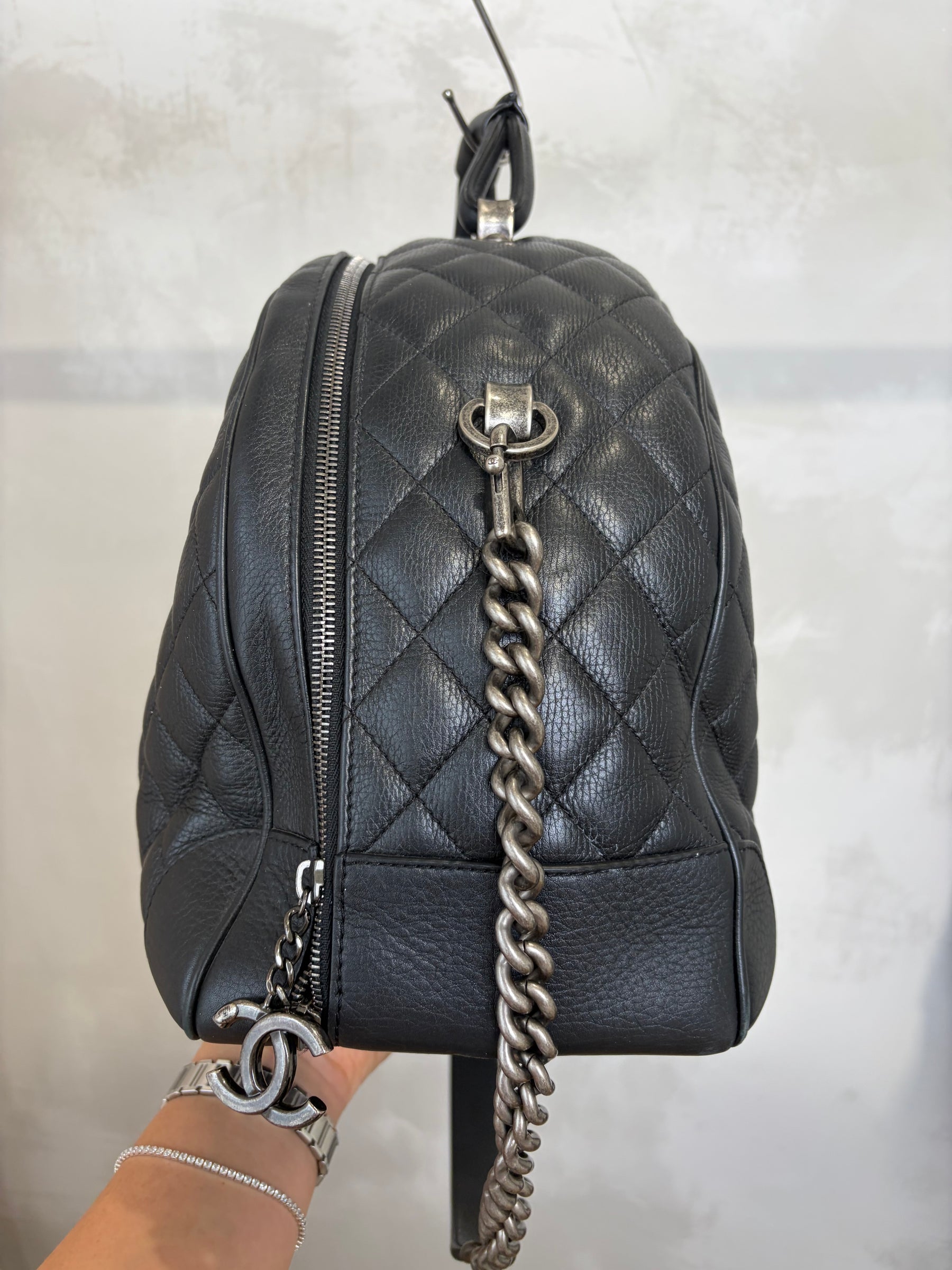 Chanel Black Grained Leather Airlines Round Trip Bowling Bag