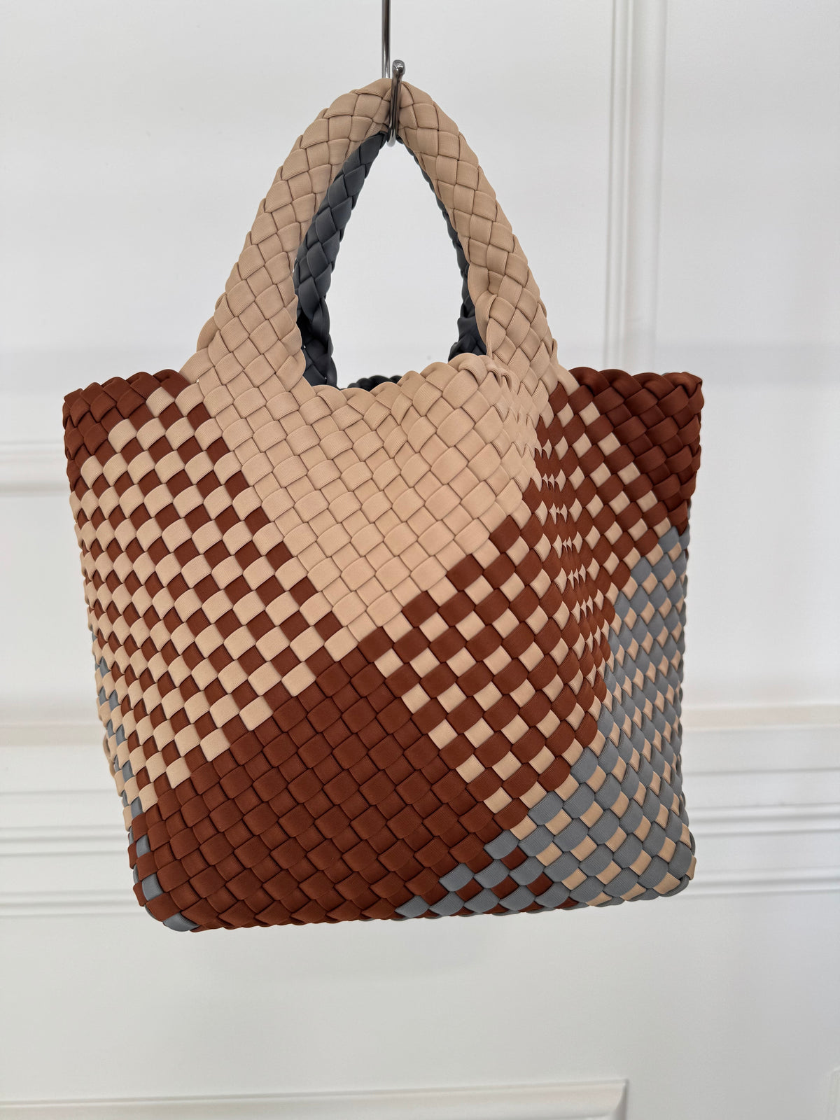 Naghedi Brown, Grey and Beige Woven Neoprene Tote