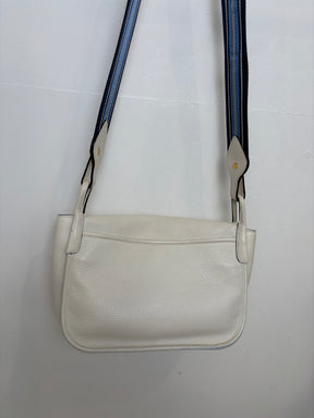 Prada White Grained Leather Crossbody bag with Blue Web Shoulder Strap