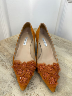 Oscar de la Renta Tan Suede Tulle Floral Pointed Pump, 37