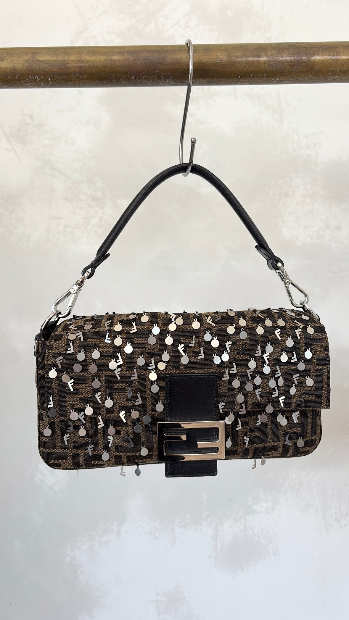 Fendi FF Jacquard Baguette Shoulder Bag With Sequins