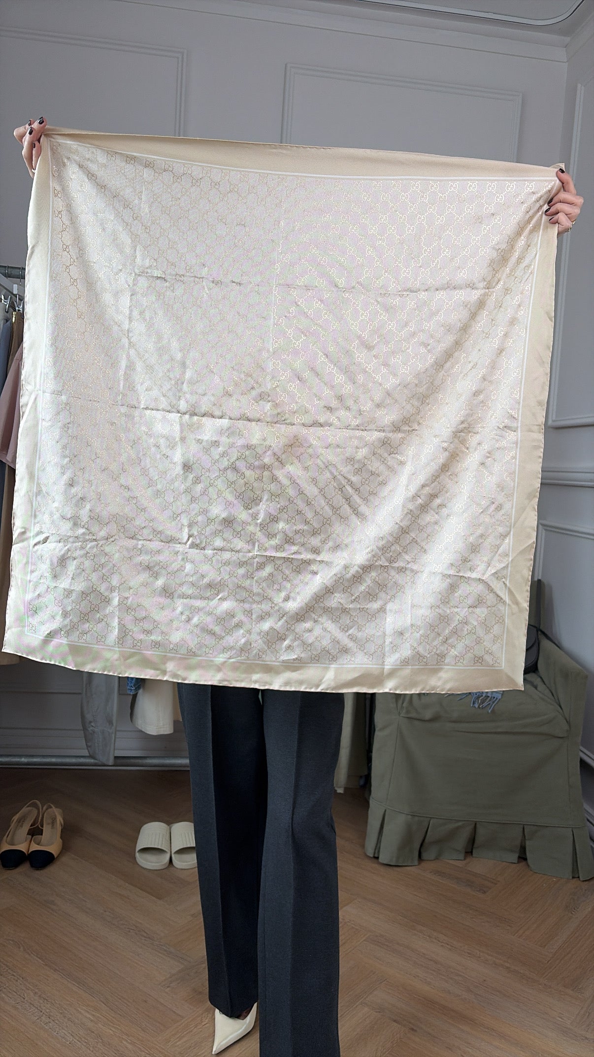 Gucci Champagne Logo Silk Scarf, 550