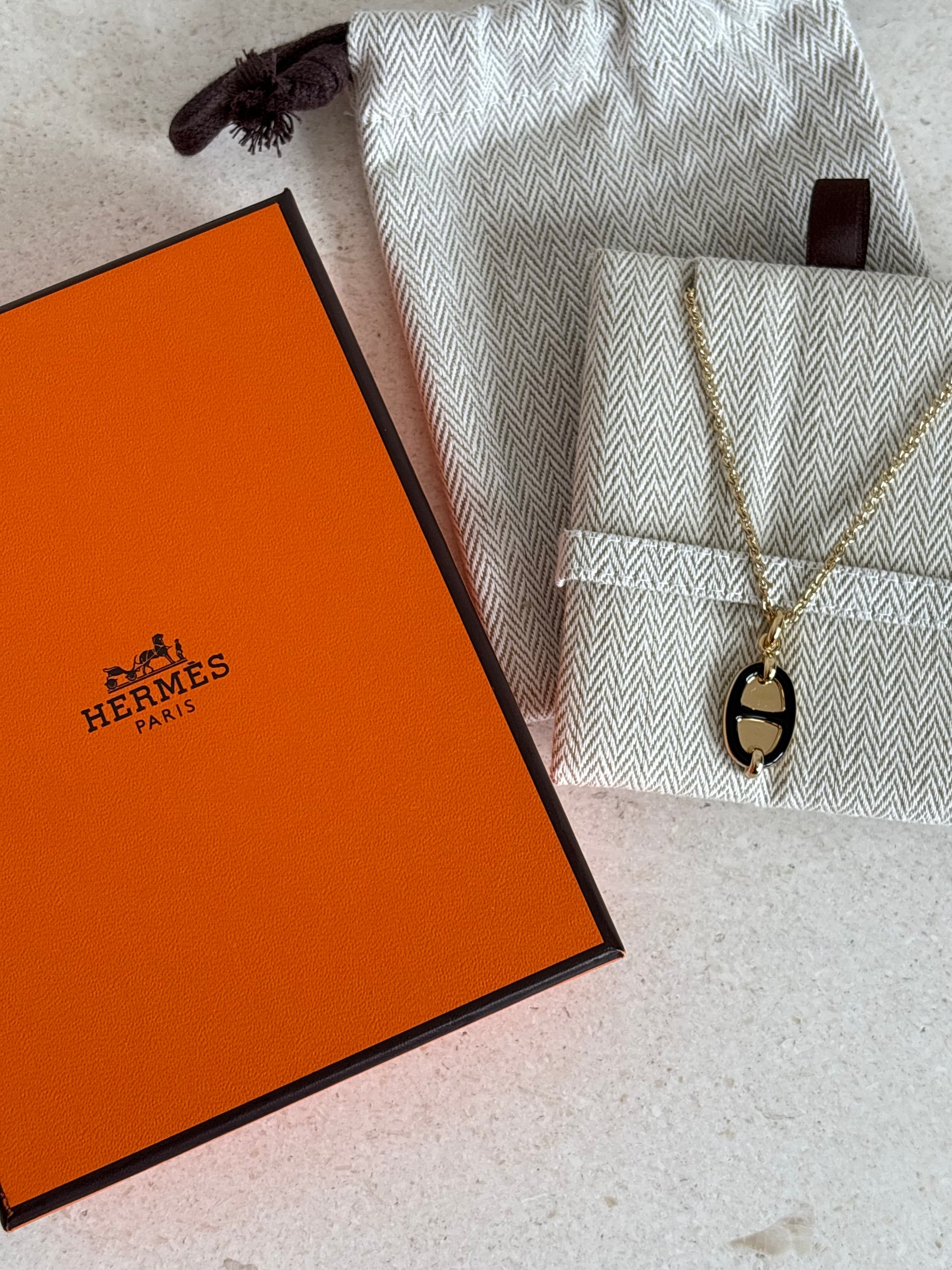 Hermès Gold Tone and Black Enamel Chain D'ancre Pendant Necklace
