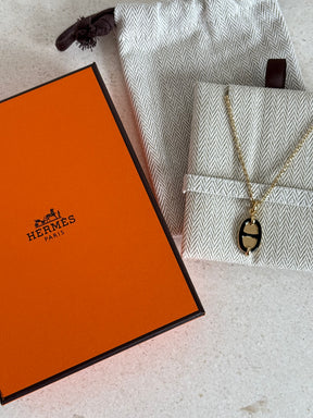 Hermès Gold Tone and Black Enamel Chain D'ancre Pendant Necklace