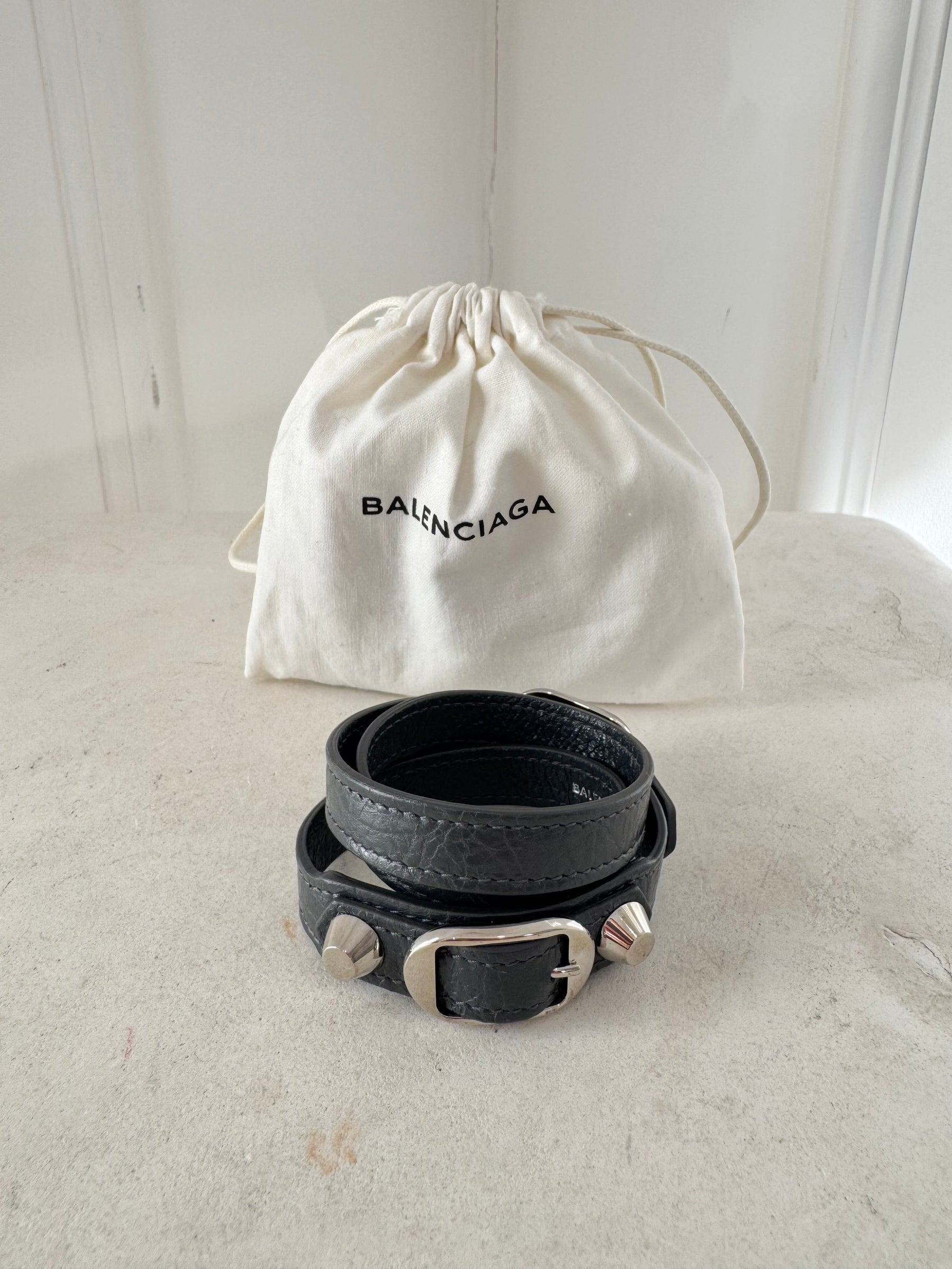 Balenciaga Charcoal Leather City Wrap Bracelet, M