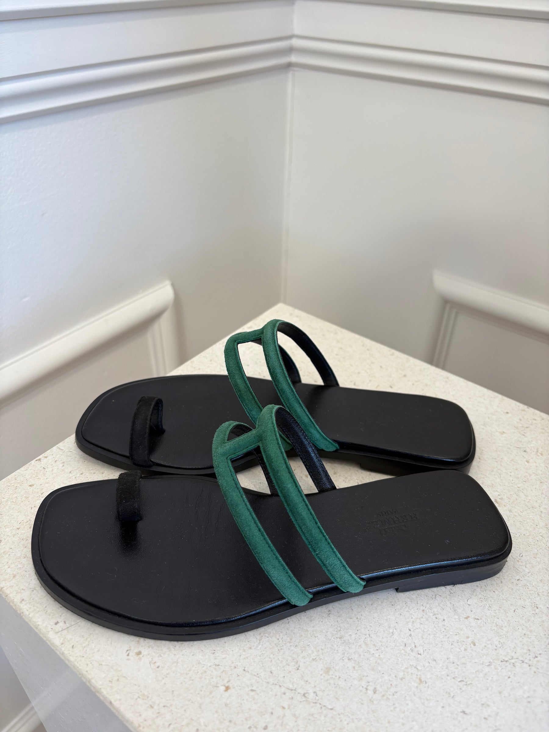 Hermès Black and Emerald Suede Slides, 36
